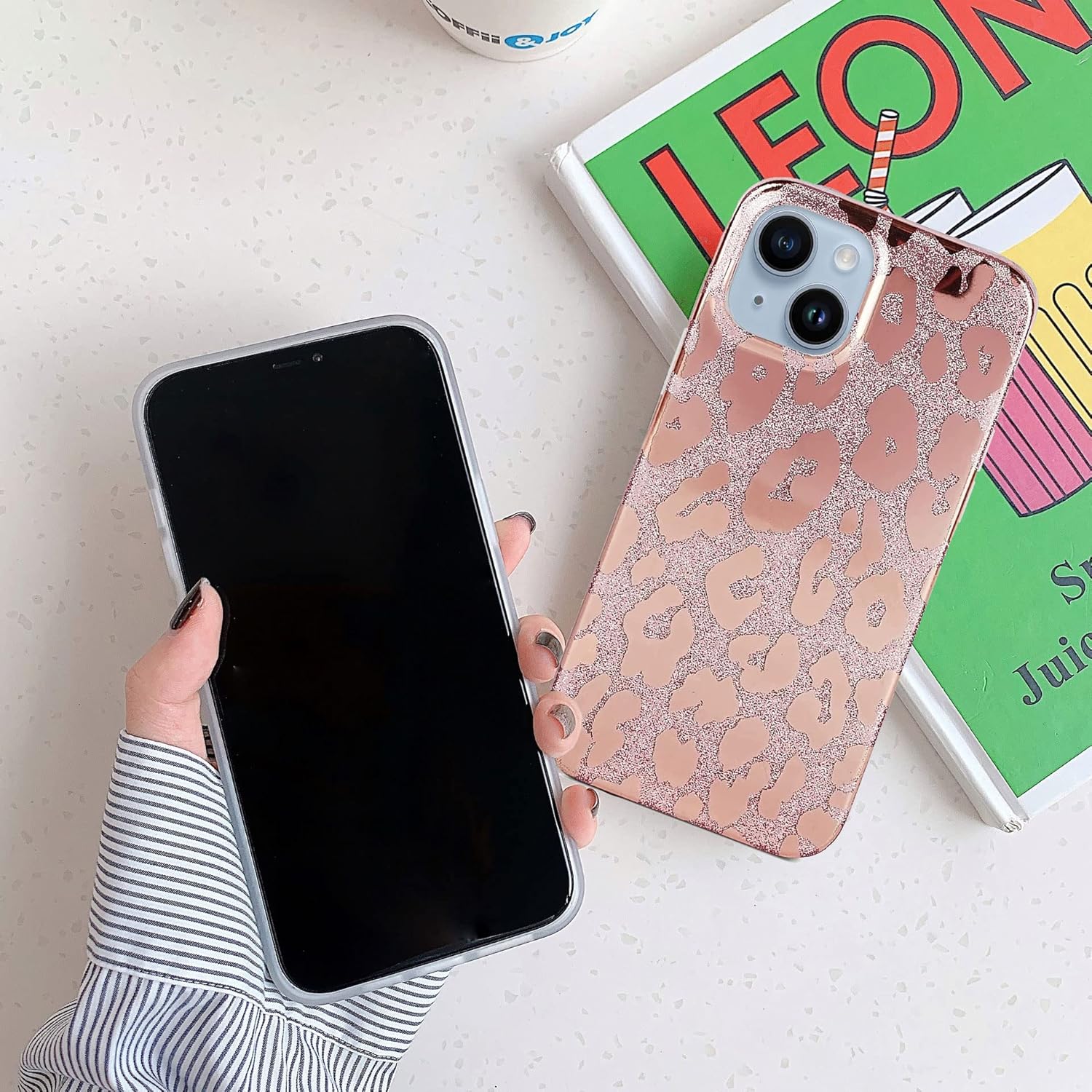 J.west Funda compatible con iPhone 15 de 6.1 pulgadas, diseño de estampado de leopardo con purpurina metálica de lujo, delgada, de silicona suave,