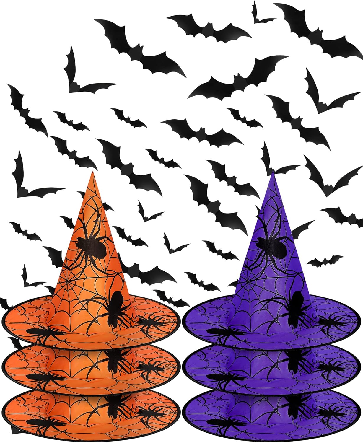 6 sombreros de bruja de Halloween con 60 calcomanías de murciélagos o arañas 3D, accesorio de disfraz de bruja para decoración de Halloween en