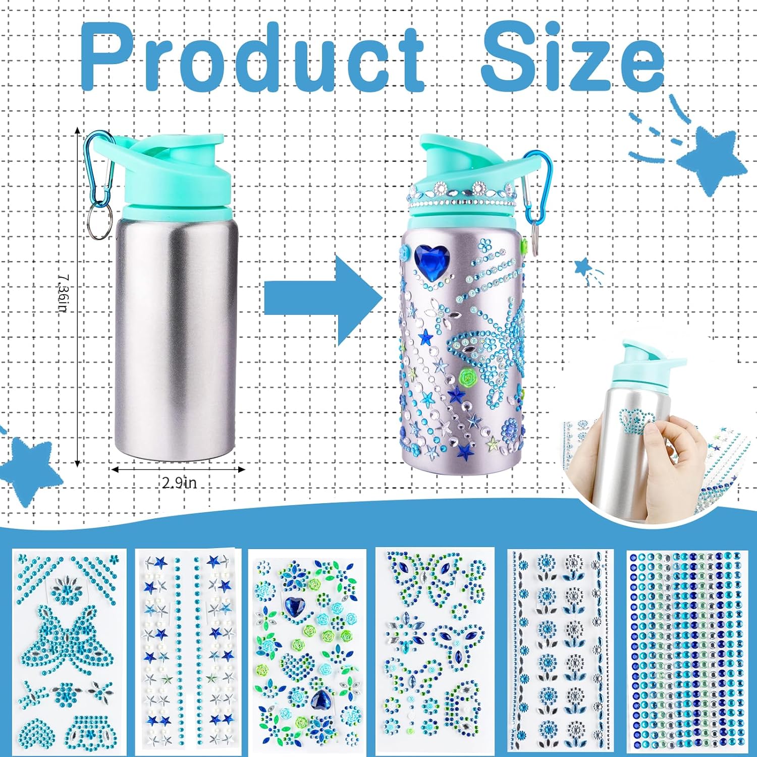 Regalo para niñas, decora tus propias botellas de agua con calcomanías de arte de gemas, calcomanías para botellas de agua, kits de arte para niños
