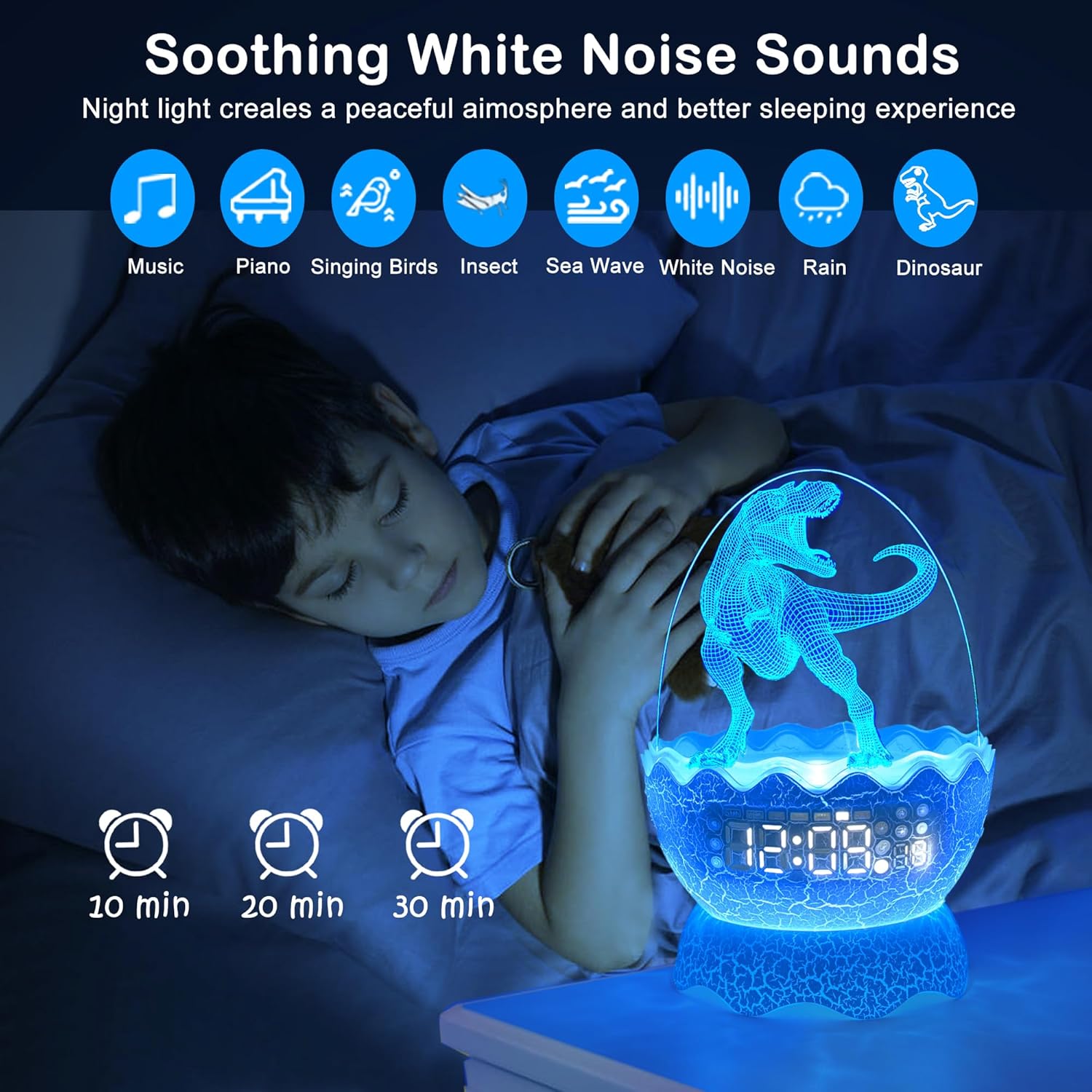 Luces nocturnas musicales de dinosaurio, reloj despertador de huevo de dinosaurio para niños, altavoz Bluetooth y ruido blanco Mahine para bebé,