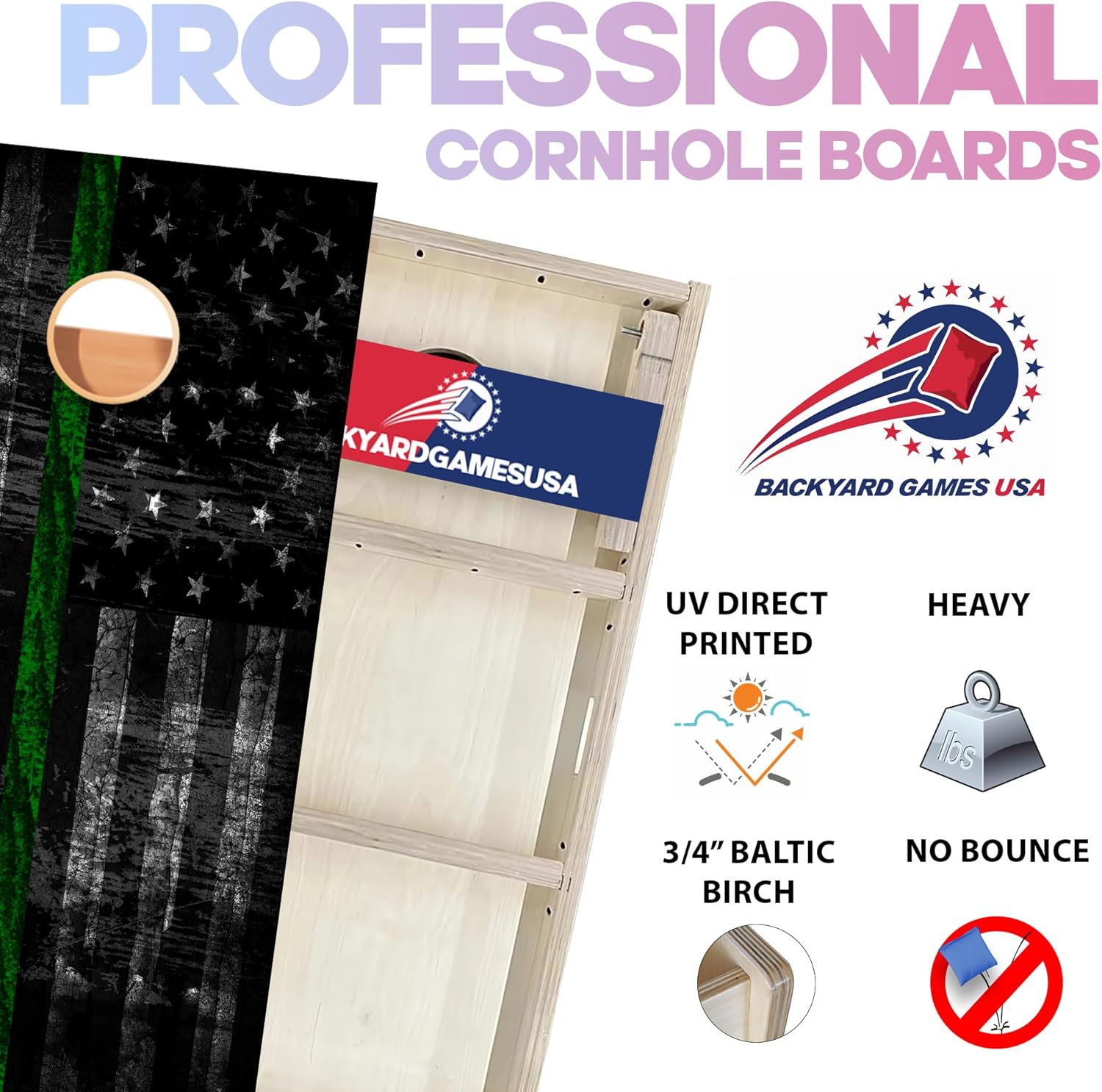 BackYardGamesUSA Juego de tablas de Cornhole Pro  Fabricado en Estados Unidos  Abedul báltico 34  Sin rebote  Patas triples gruesas  Dos soportes y
