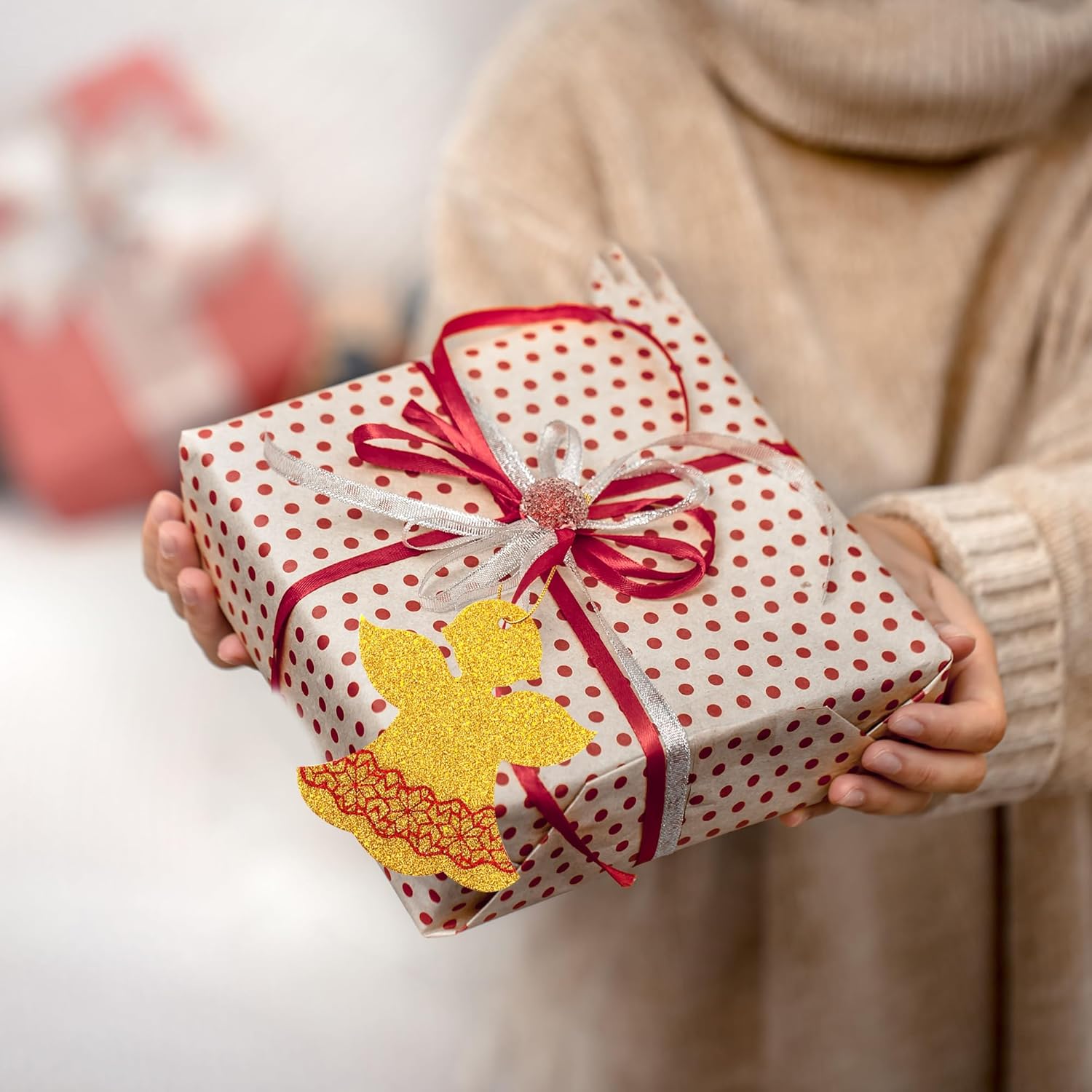 Giiffu 80 etiquetas de Navidad, etiquetas de regalo de Papá Noel de Navidad, etiquetas de regalo de papel con purpurina, etiquetas de nombre