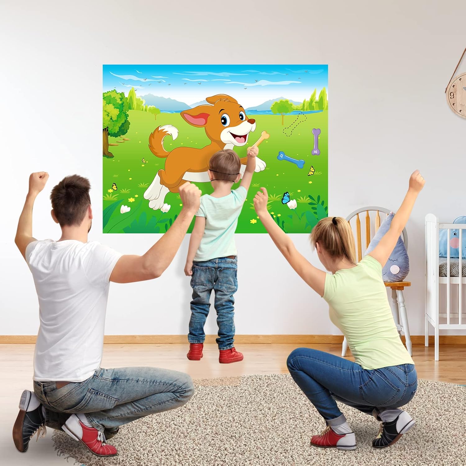 Morcheiong Juego de fiesta de cumpleaños Pin The Tail on The Dog con 48 huesos, dale al cachorro un juego de huesos para niños, decoración de fiesta