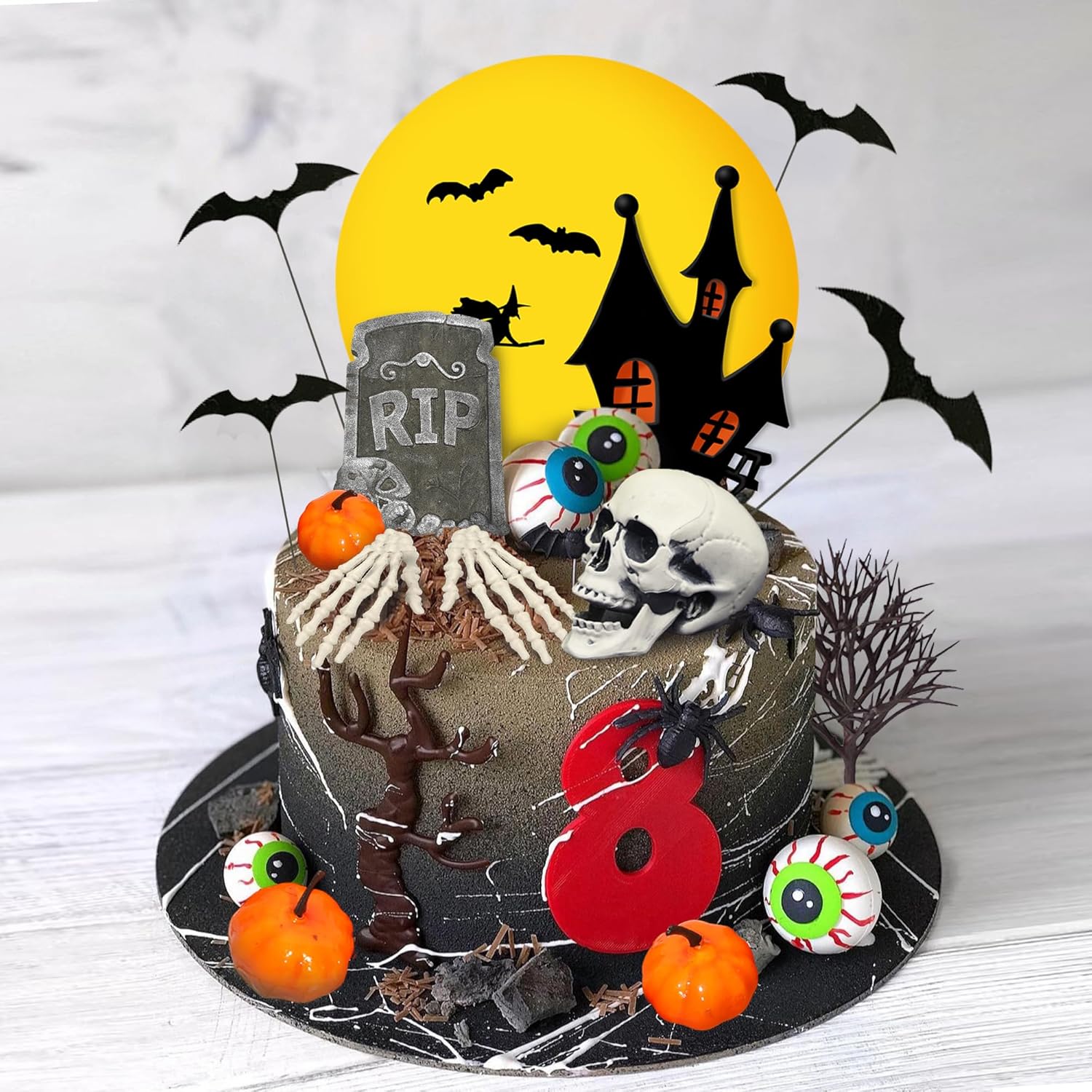 Decoración para tartas de Halloween, lápida, luna, decoración de pastel de calabaza, cabeza de calavera, globos oculares, manos de esqueleto,