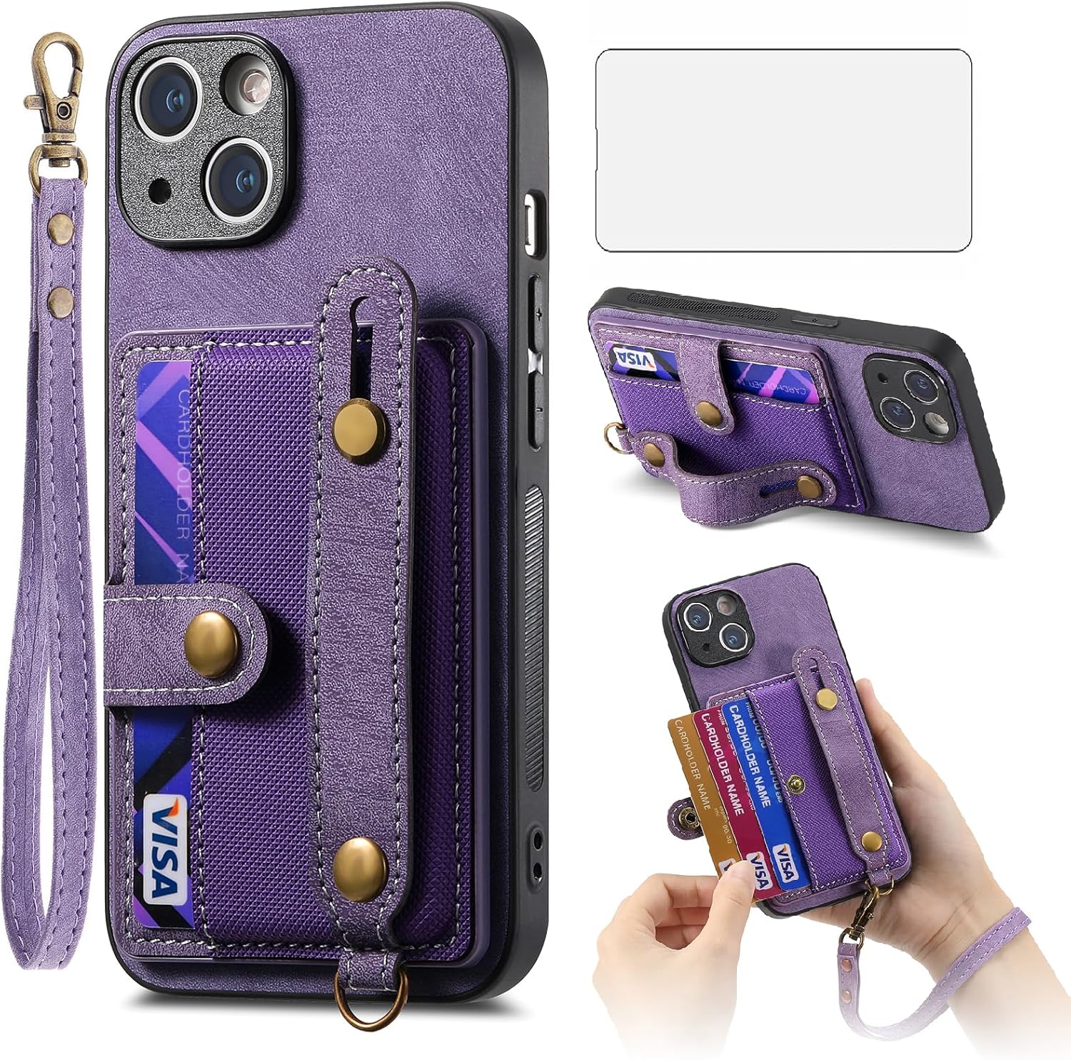 Asuwish Funda para iPhone 15 Plus de 6.7 pulgadas, funda tipo cartera con protector de pantalla de vidrio templado, soporte delgado para tarjeta de
