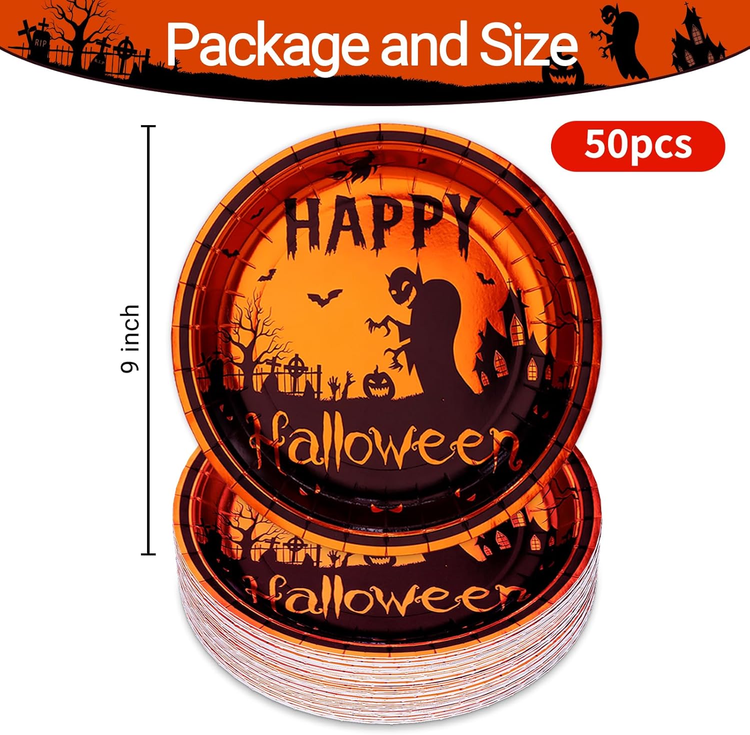 BFUN Platos desechables de fiesta de Halloween, 50 unidades, platos de papel de 9 pulgadas con casa encantada de lámina dorada, fantasmas,
