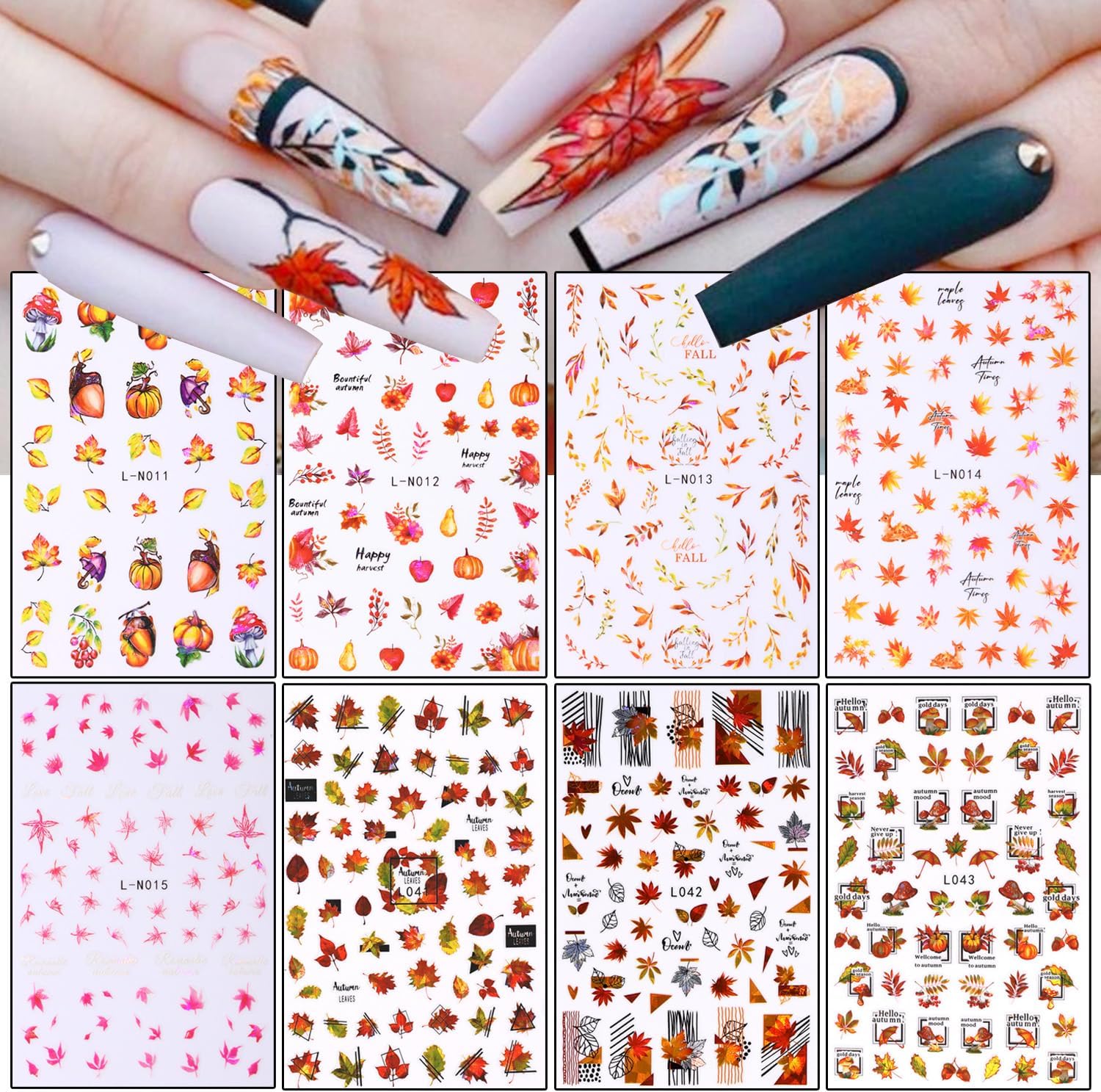 Calcomanías de arte de uñas de hoja de arce de otoño, hojas de otoño 3D, diseño de calabaza y hongos para uñas, decoración de calcomanías de