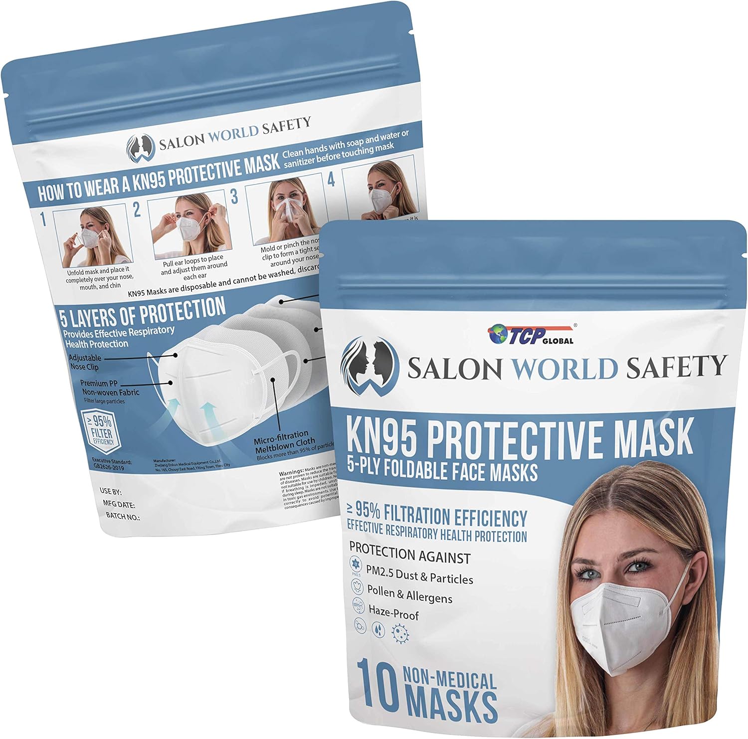 Mascarillas protectoras KN95 negras, caja de 50, eficiencia del filtro 95%, 5 capas, tela sanitaria no tejida de 5 capas