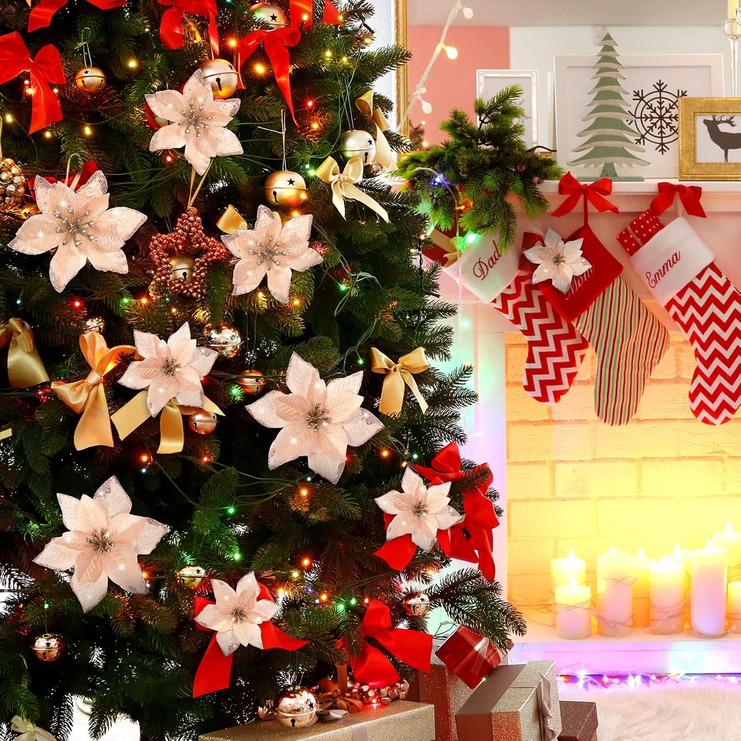 24 piezas de flores de pascua con brillantina para Navidad de 3 tamaños, flores de imitación para bodas, adornos navideños para el árbol de Navidad,