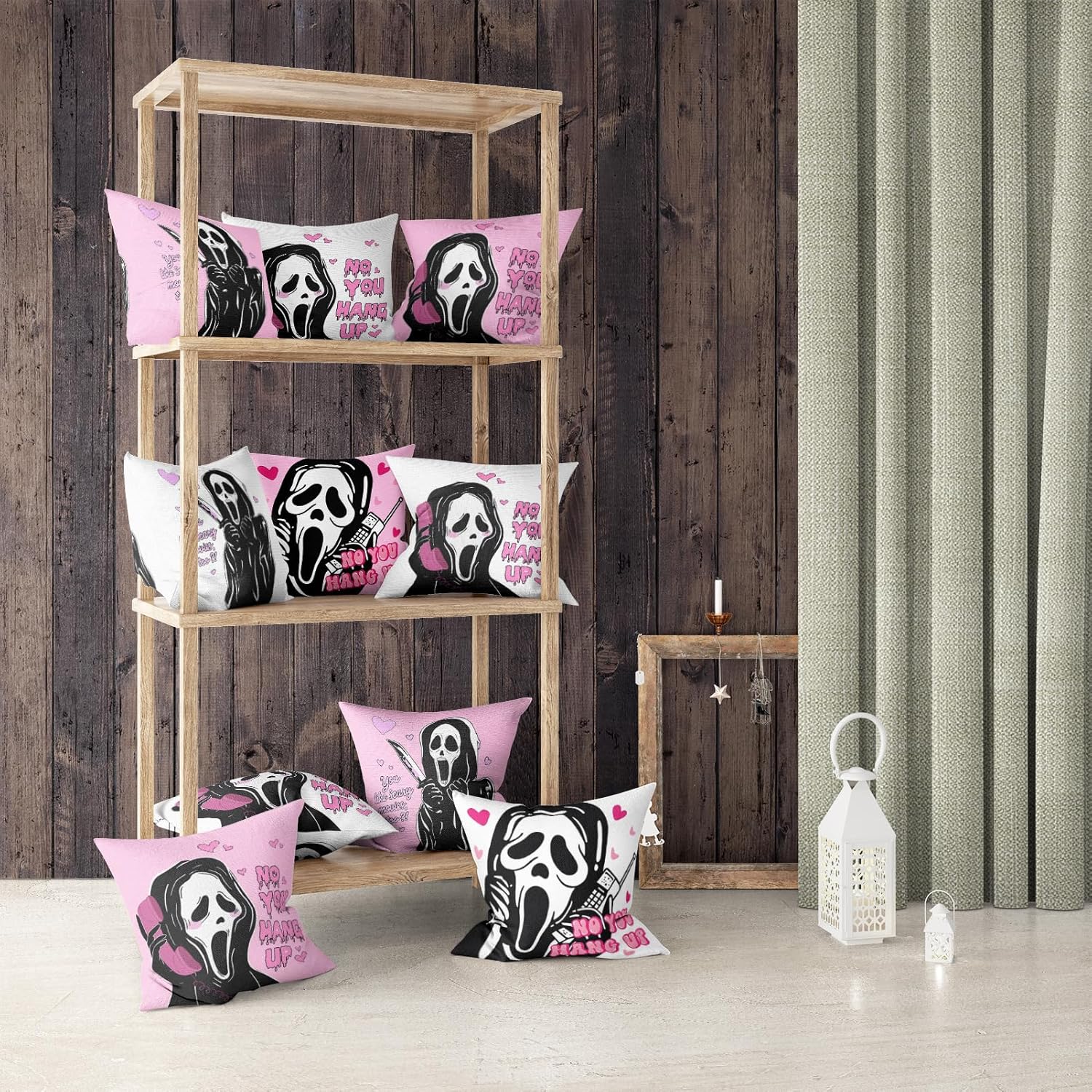 Funda de almohada blanca con texto en inglés “You Like Scary Movies Too Pink Ghost Scary Face” (“You Like Scary Movies Too Pink Ghost Scary Cara”),