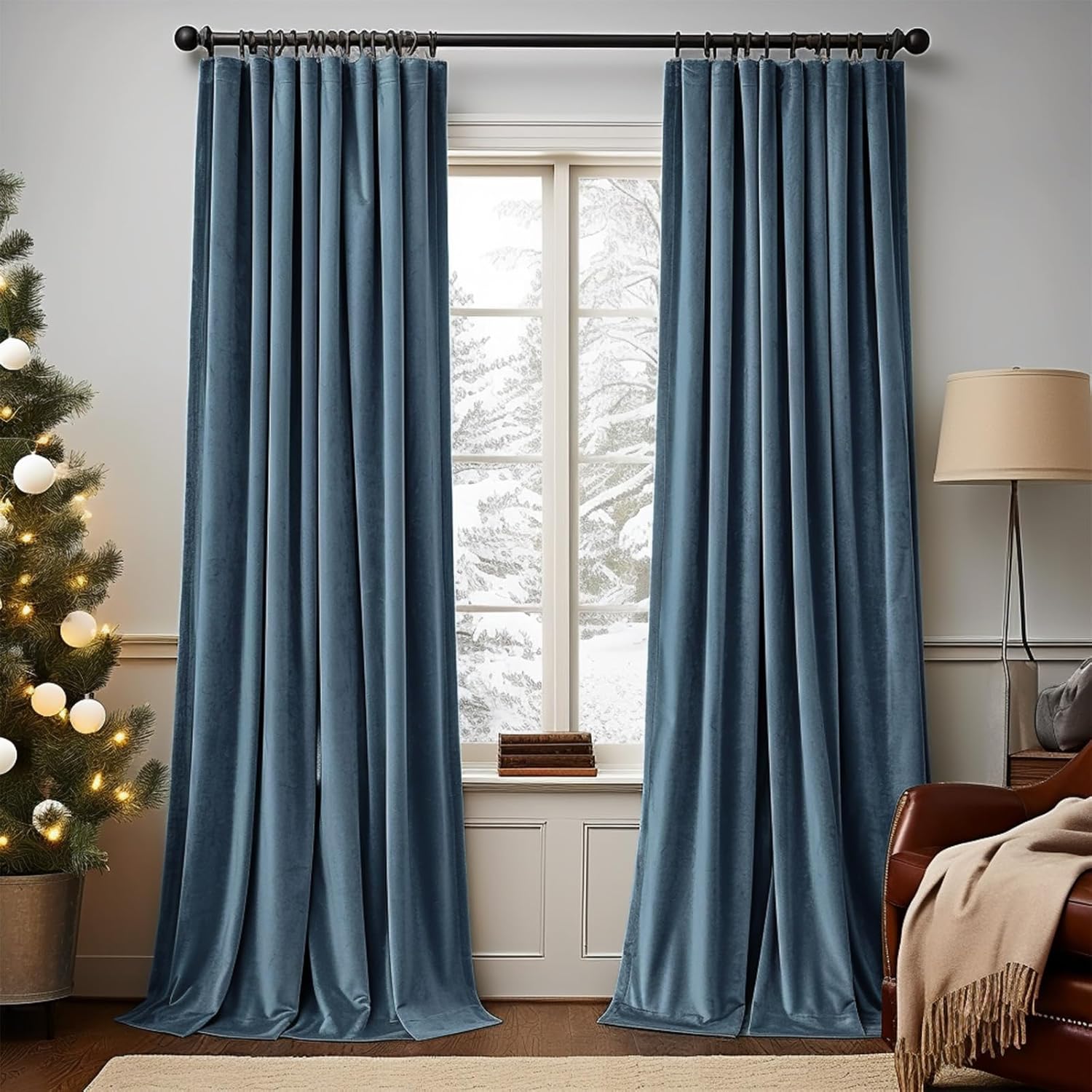 Lazzzy Cortina opaca de terciopelo azul con aislamiento térmico para dormitorio, sala de estar, oscurecimiento de privacidad, cortinas de terciopelo