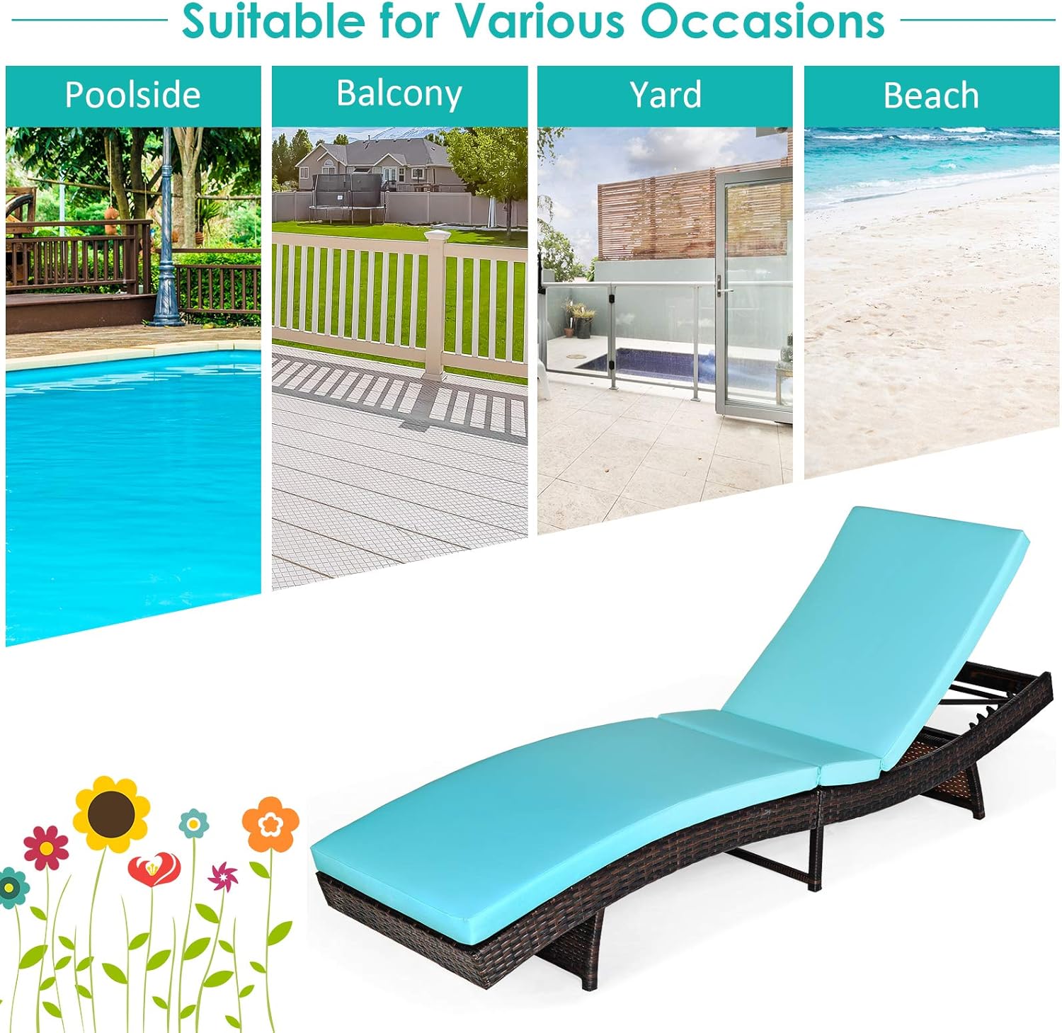 COSTWAY Silla plegable de ratán para patio, tumbona, ajustable, con cojín turquesa