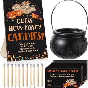 72 piezas de juegos de Halloween para baby shower, incluye 1 letrero de madera de adivinanzas de dulces, 50 tarjetas de adivinación, 20 lápices Hb y 72 piezas de juegos de Halloween para baby shower, incluye 1 letrero de madera de adivinanzas de dulces, 50 tarjetas de adivinación, 20 lápices Hb y