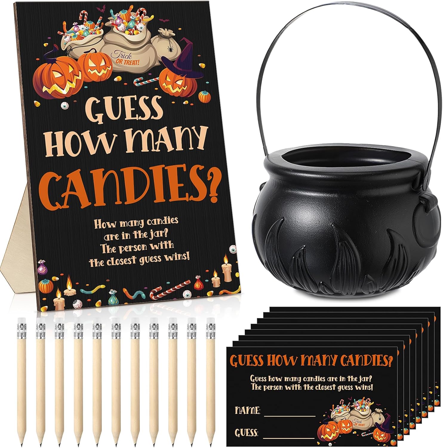 72 piezas de juegos de Halloween para baby shower, incluye 1 letrero de madera de adivinanzas de dulces, 50 tarjetas de adivinación, 20 lápices Hb y