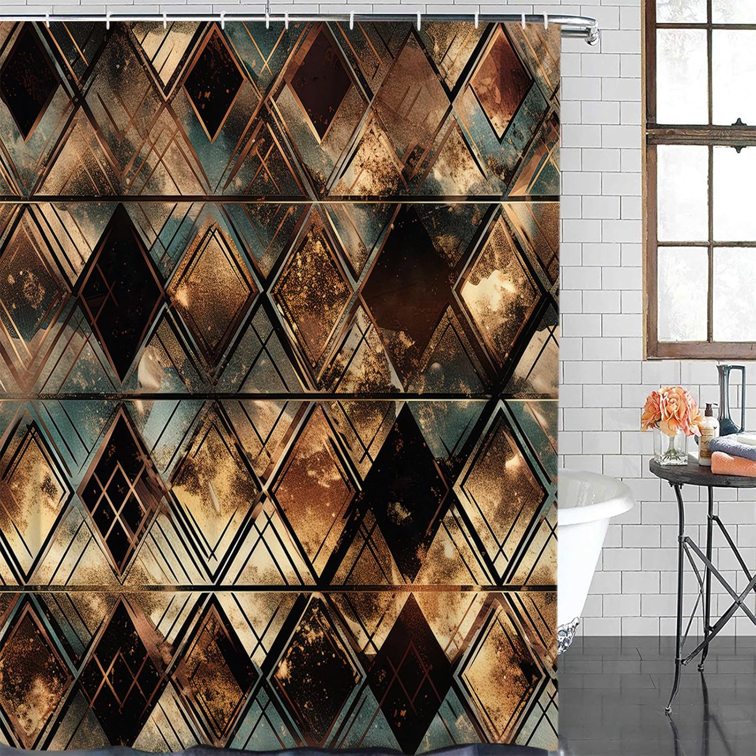 Juego de cortinas de ducha impermeables con 12 ganchos, diseño geométrico de rombos dorados, negro, azul, 72 x 72 pulgadas, cortina de ducha para