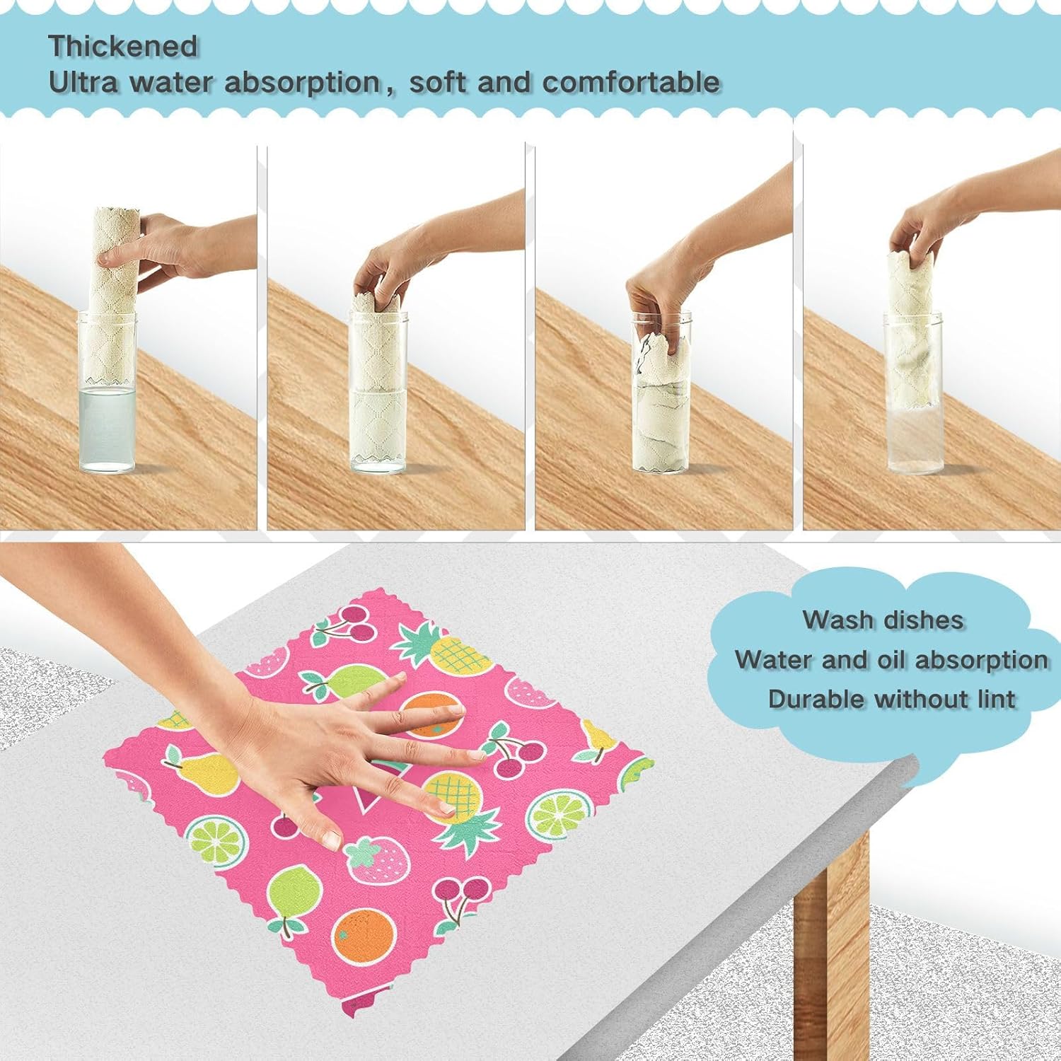 Pink Tropical Fruits Soft Print Microfiber Kitchen Dish Towels Fast Drying Set of 6 Dish Tea Towels for Restaurant Sink