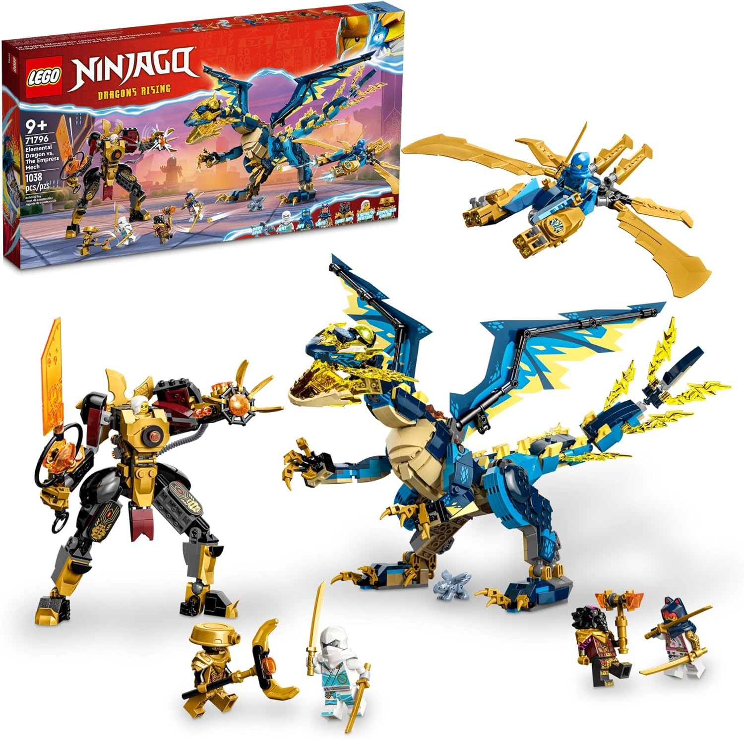 LEGO NINJAGO Elemental Dragon vs. The Empress Mech 71796 – Juego de juguetes de construcción, cuenta con un dragón, mec, volante ninja y 6
