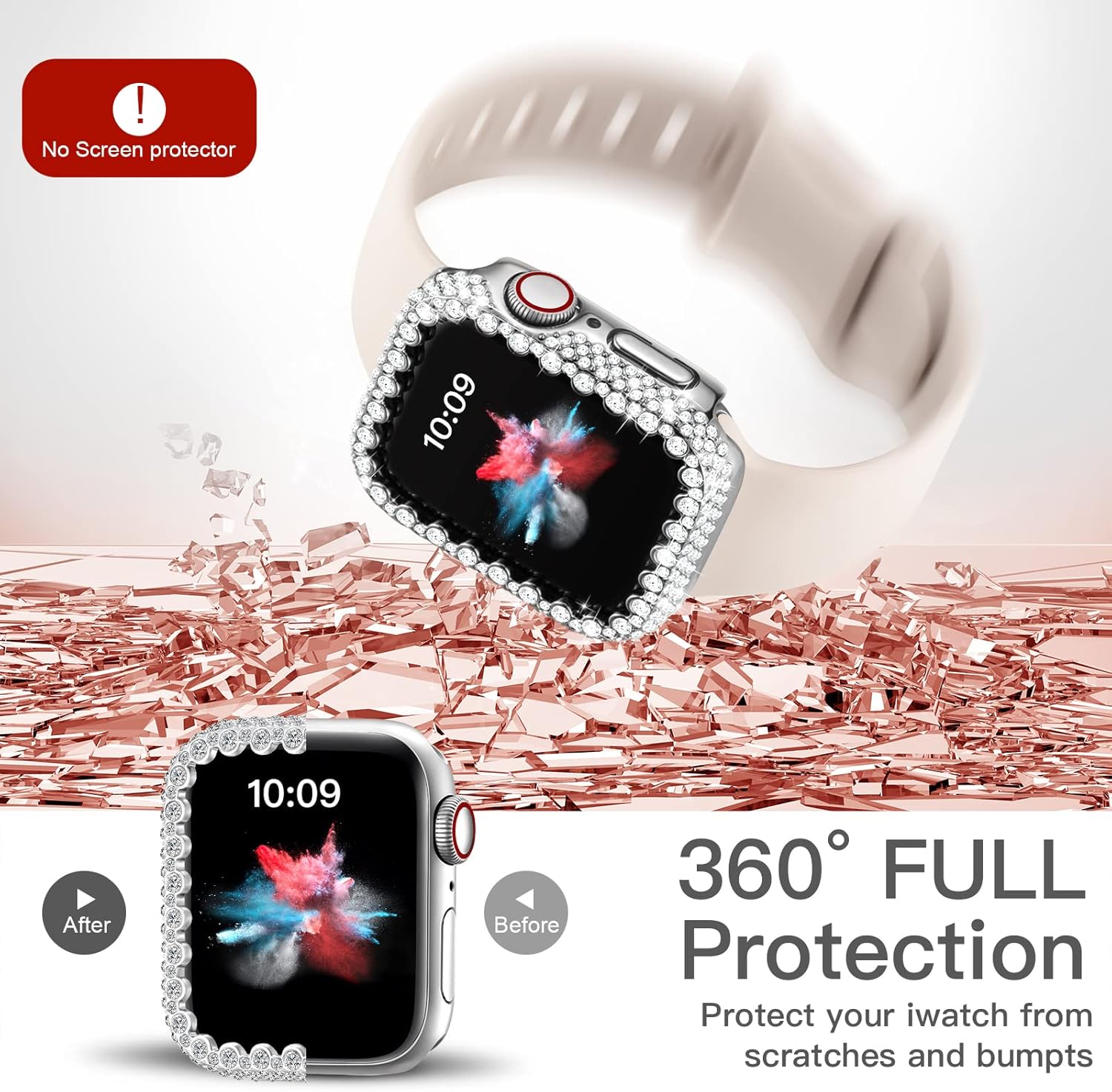 Bling Funda protectora compatible con Apple Watch Series 9, 8, 7, 1.614 in, cubierta protectora de diamante para mujer, protector de marco duro de