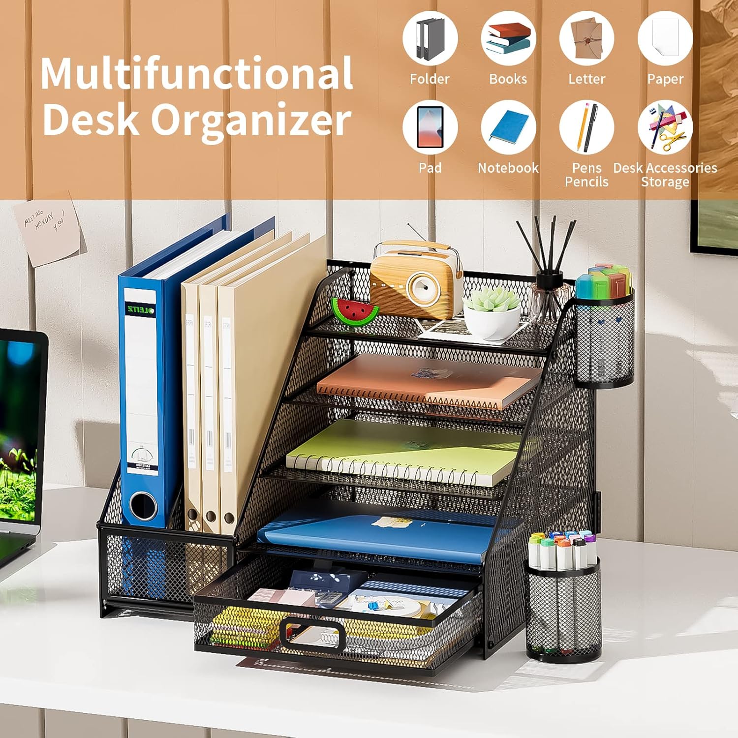 Marbrasse Organizador de escritorio con soporte para archivos + bandeja de papel de 5 niveles con soporte para archivos+cajón y 2 soportes para