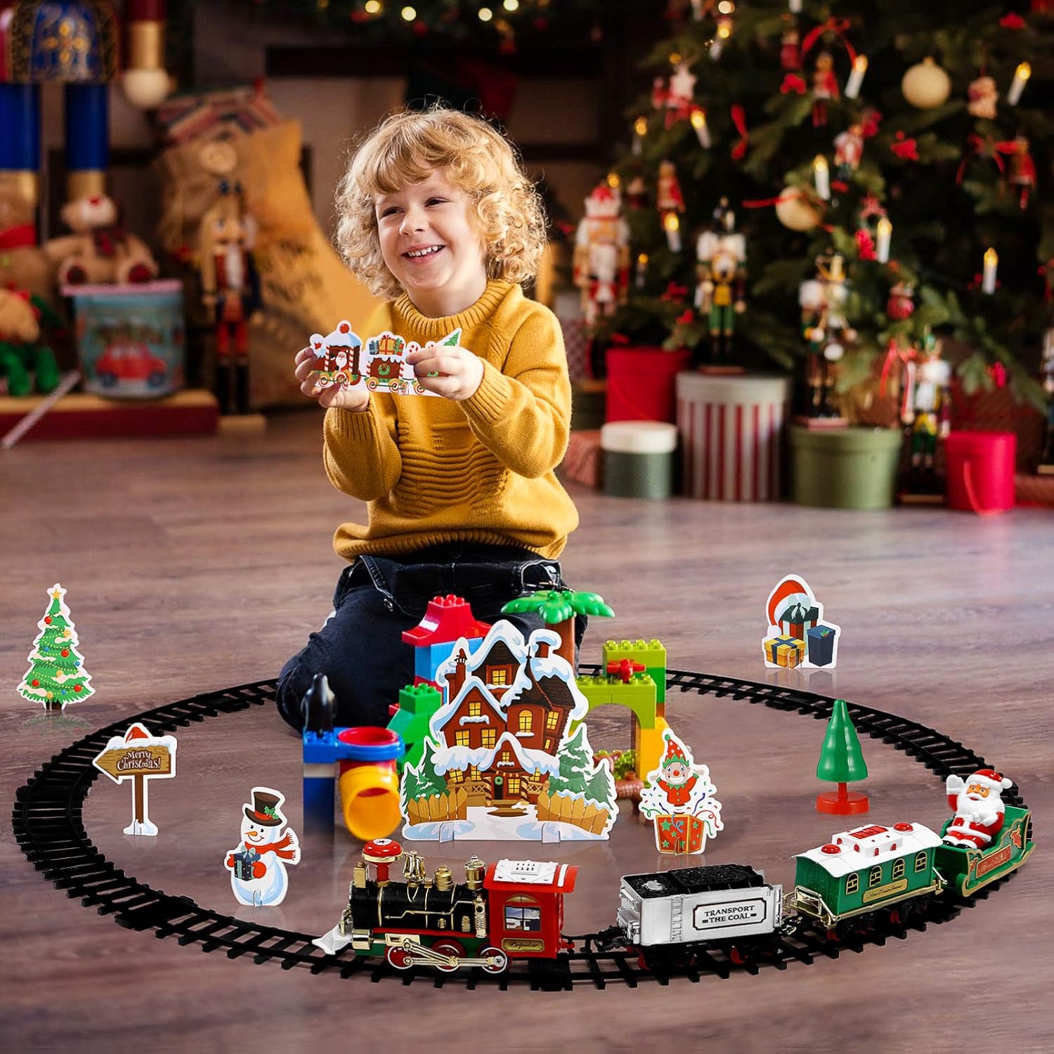 Toddmomy Juego de tren de Navidad rompecabezas 3D para adultos y niños, kit de tren de Navidad con luces y sonidos, pistas de ferrocarril,