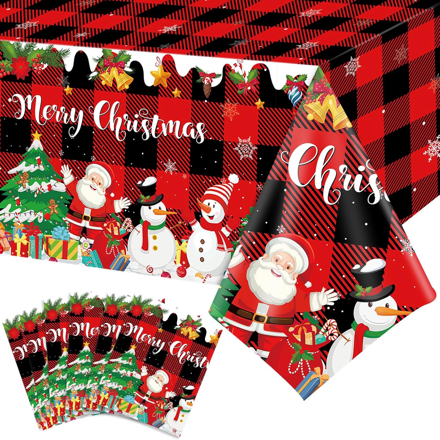 Tiamon Mantel de Navidad con diseño de búfalo de Navidad, mantel de picnic rojo y negro, mantel de plástico con copos de nieve para decoración de