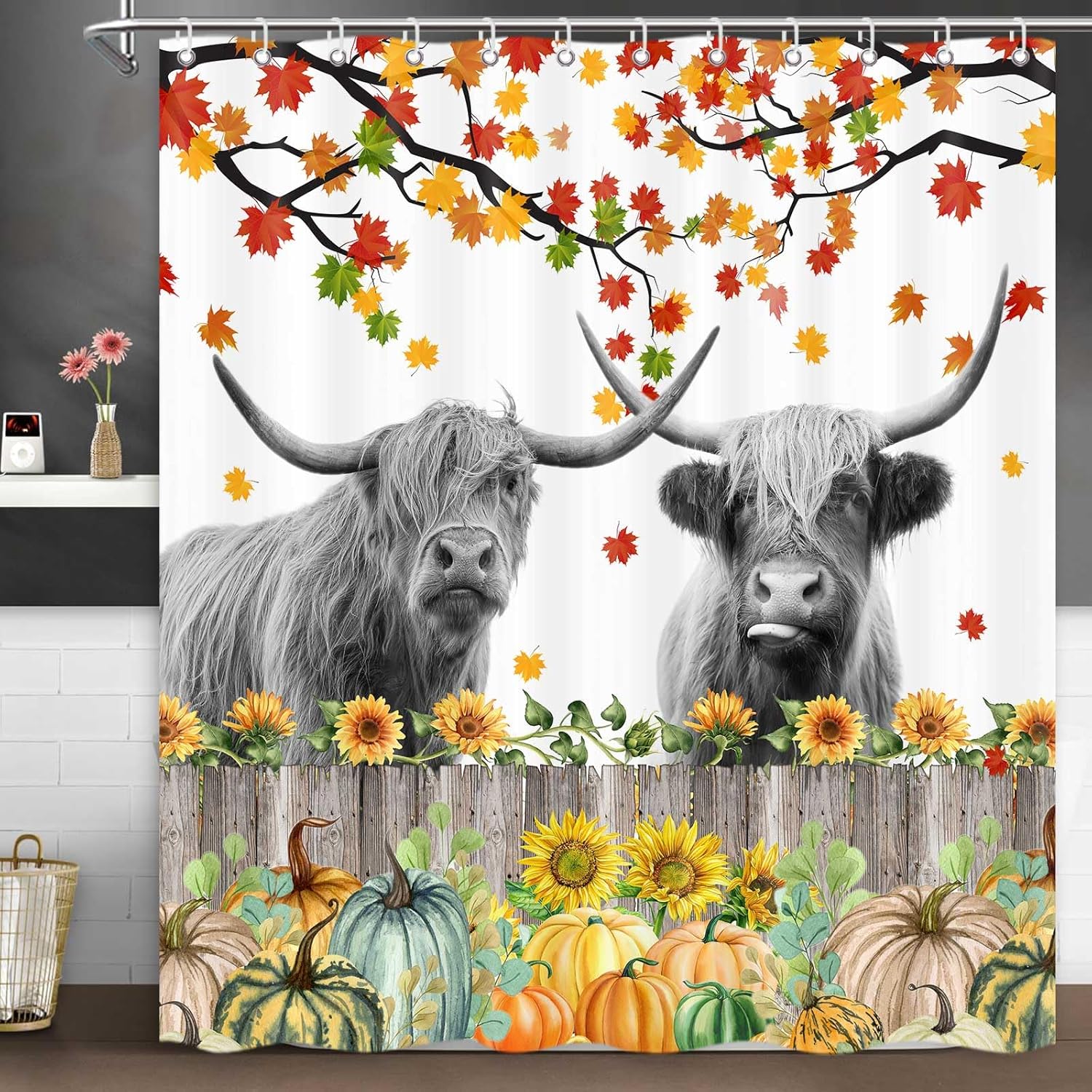 Highland – Cortina de ducha de vaca, rústica, granja, hojas de arce, calabaza, juego de cortinas de ducha para baño con ganchos, decoración de baño