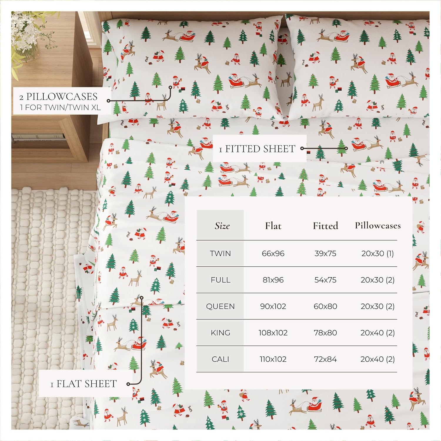 Great Bay Home Juego de sábanas de Navidad de franela de algodón turco 100 %, para niños, bajera con gran caída lateral, suaves, cama cálida,