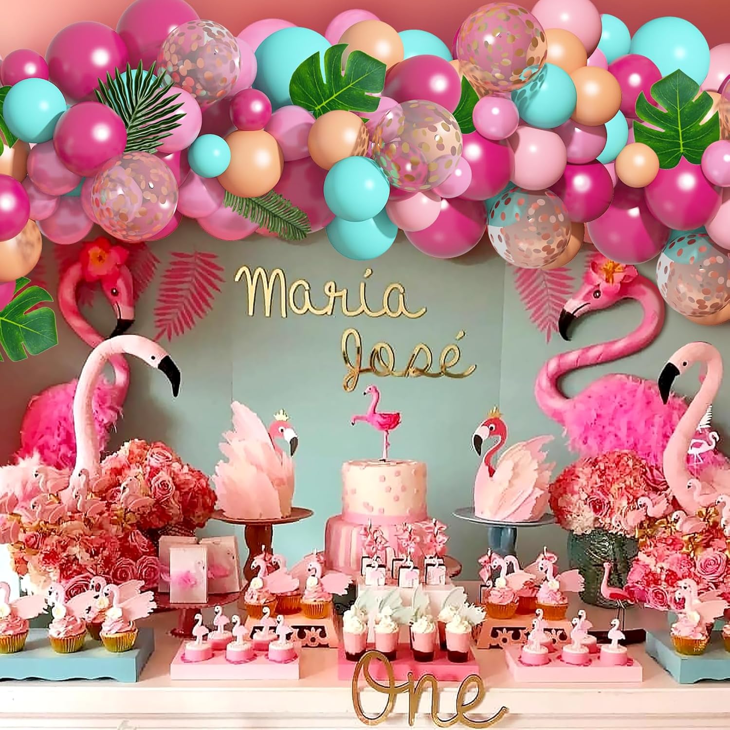 Kit de guirnalda de arco de globos de flamenco tropical de 40 pulgadas, globos de flamenco, globos de confeti rosa intenso, hojas de palma tropical,