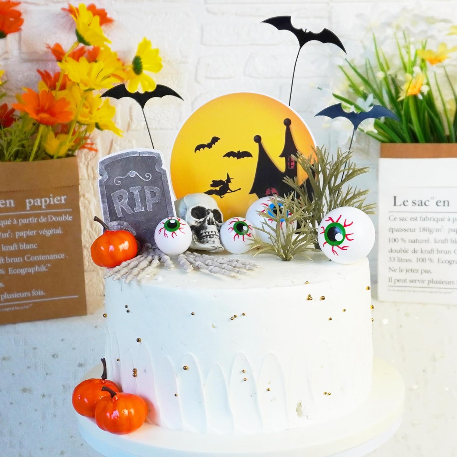 Decoración para tartas de Halloween, lápida, luna, decoración de pastel de calabaza, cabeza de calavera, globos oculares, manos de esqueleto,