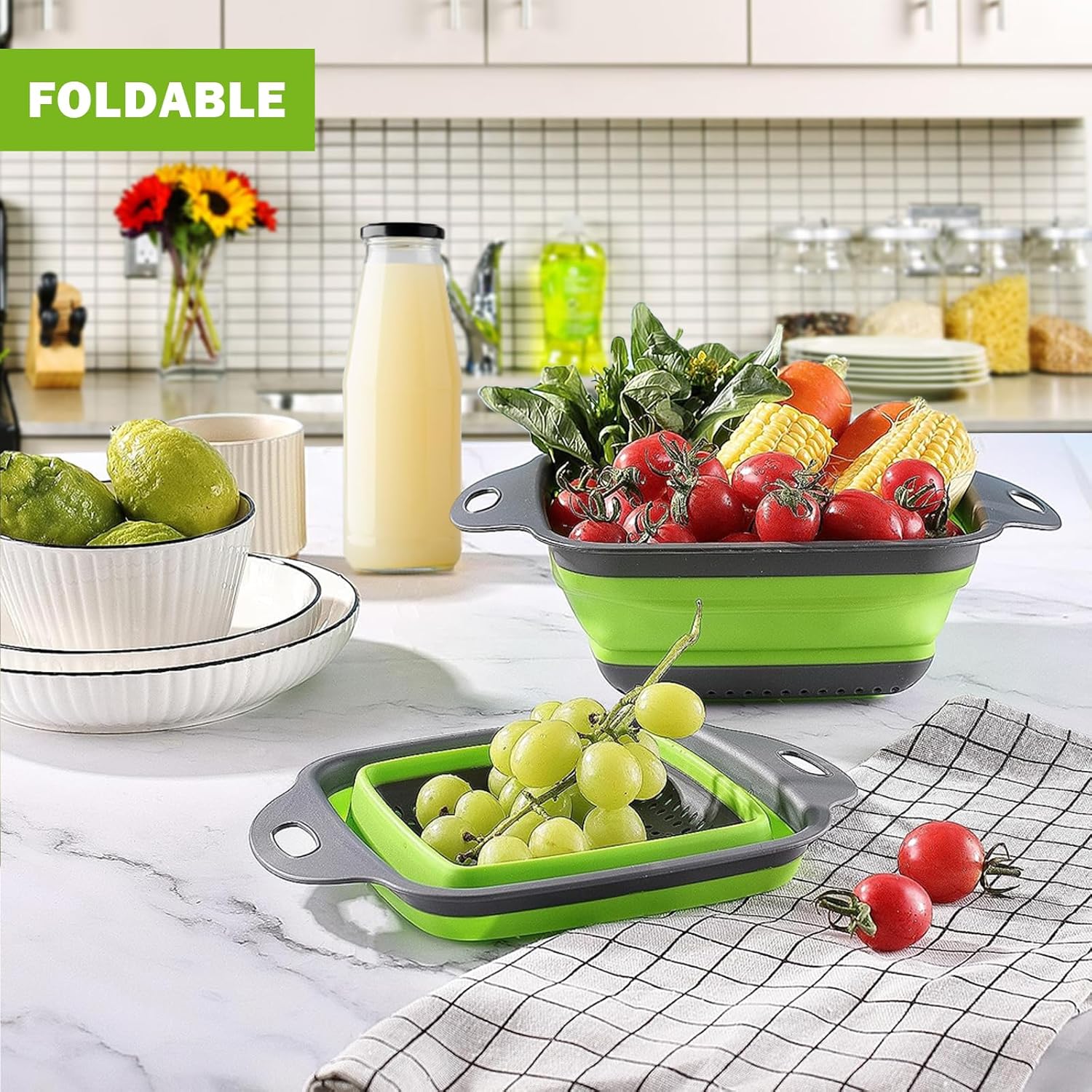 3 coladores plegables de silicona, colador plegable KEKIMO con 9.5 pulgadas, 11.4 pulgadas y 13.8 pulgadas, ideal para drenar pasta, verduras y