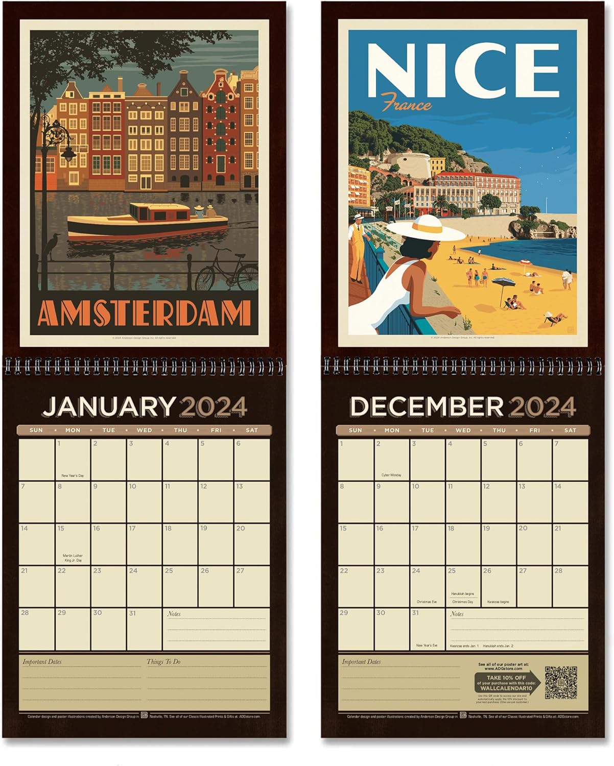 Americanflat Calendario 2024  Diseño de destinos de viaje mundial  Calendario de pared grande con formato mensual  Calendario mensual colgante  10 x