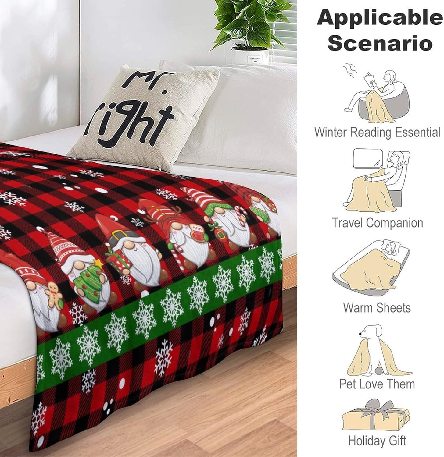 Mantas de invierno con texto en inglés “Merry Christmas” para sofá y cama, color rojo y negro, diseño de gnomos y copos de nieve, suaves,