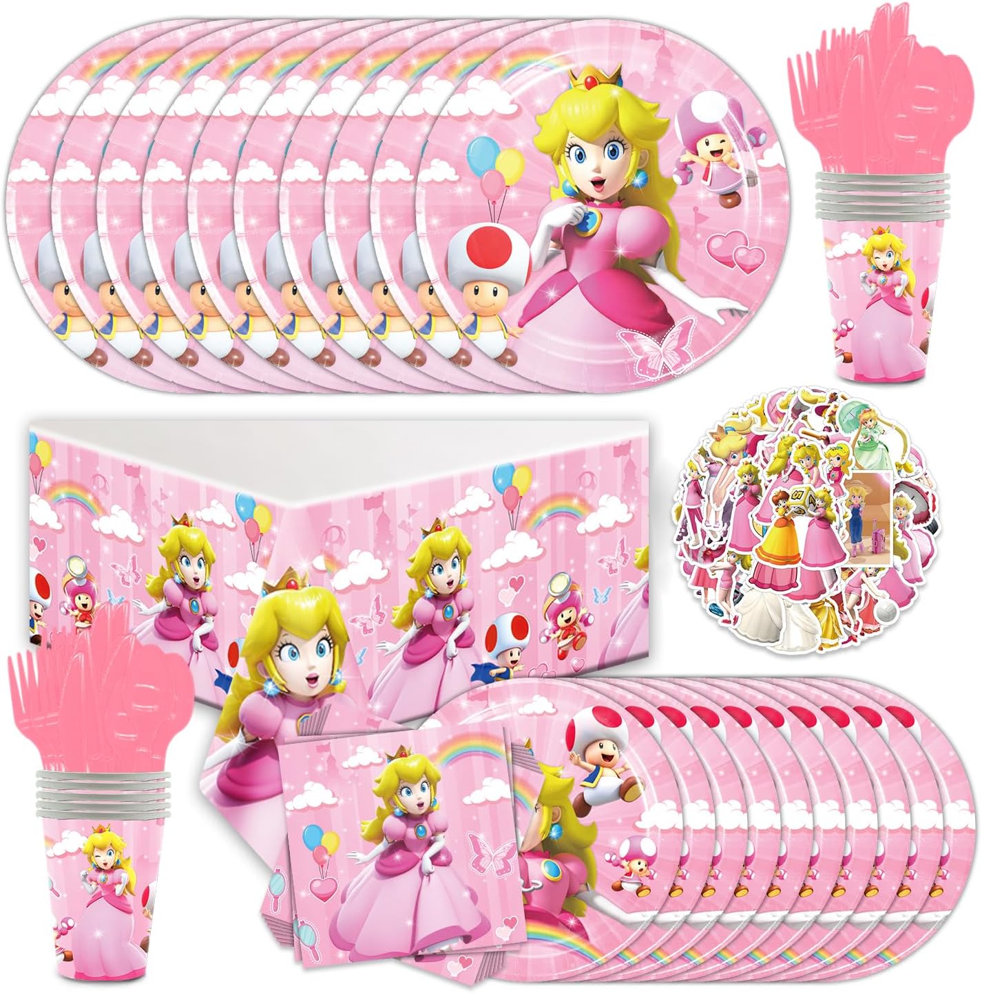131 piezas de vajilla de fiesta de melocotón princesa para Mario, 50 calcomanías, 20 platos, 20 servilletas, 10 cuchillos, tenedores y cucharas, 10