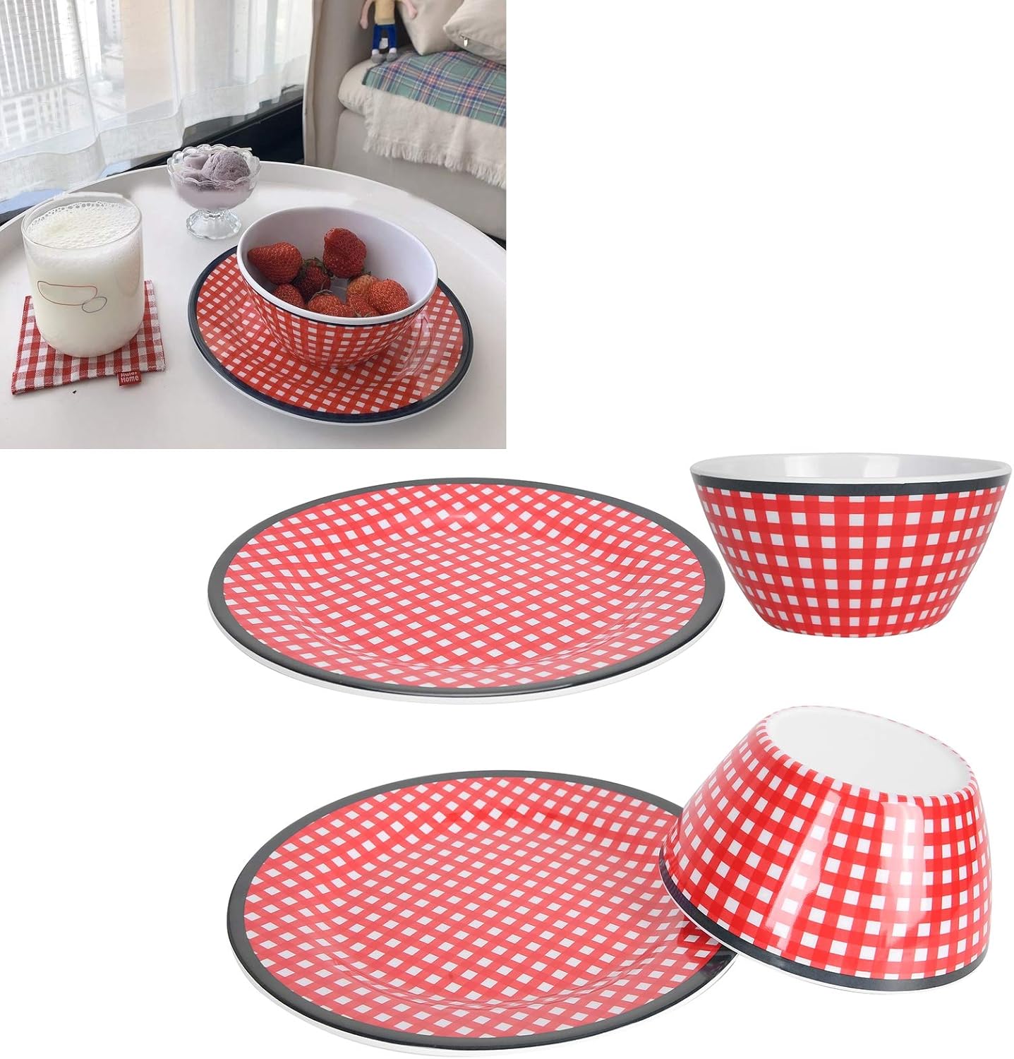 Juego de cuencos de ensalada, juego de vajilla de 4 piezas, plato de porcelana de imitación, cuenco – Kit de ensaladera de rejilla roja