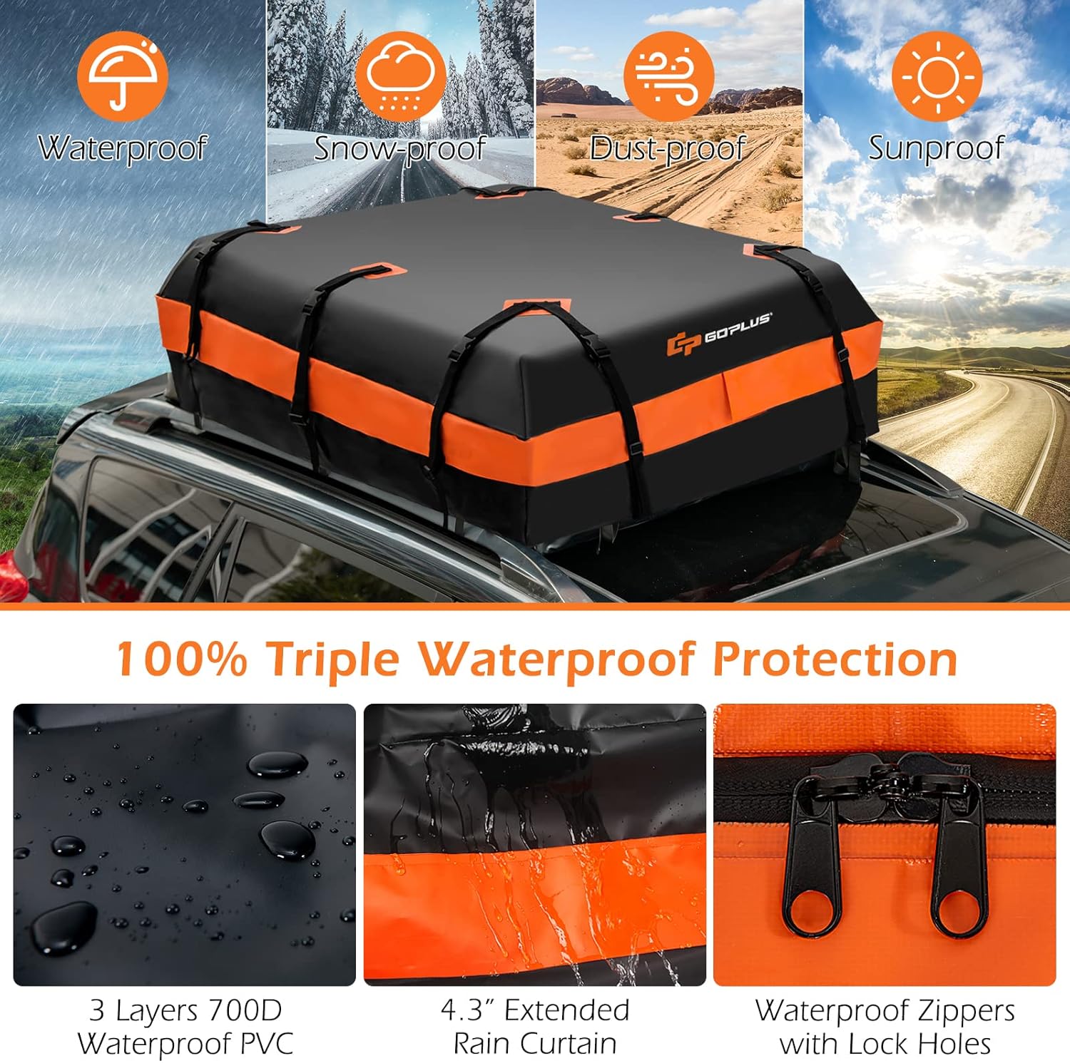 Goplus Portaequipajes para techo, 21 cúbicos, 100% impermeable, suave bolsa de techo para todos los vehículos consin estante, incluye alfombrilla