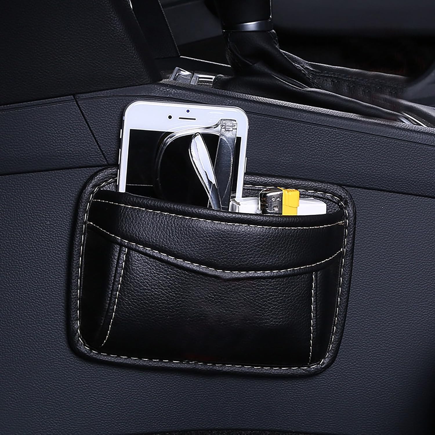 1 organizador de bolsillo lateral para automóvil, bolsillos de almacenamiento de cuero sintético, bolsa adhesiva para colgar en el tablero de
