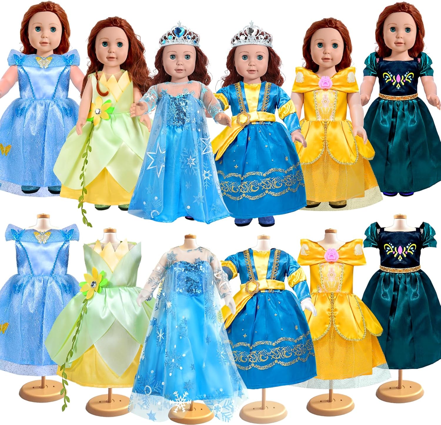 Accesorios de ropa de muñeca de 18 pulgadas, juego de disfraz de princesa de 6 piezas con corona para muñecas de 18 pulgadas