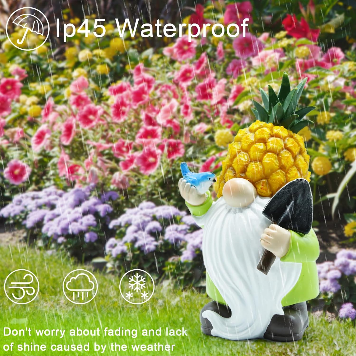 Estatuas solares de jardín con luces de piña, gnomos de jardín de resina con pájaro, estatuas de patio al aire libre para patio, balcón, césped,