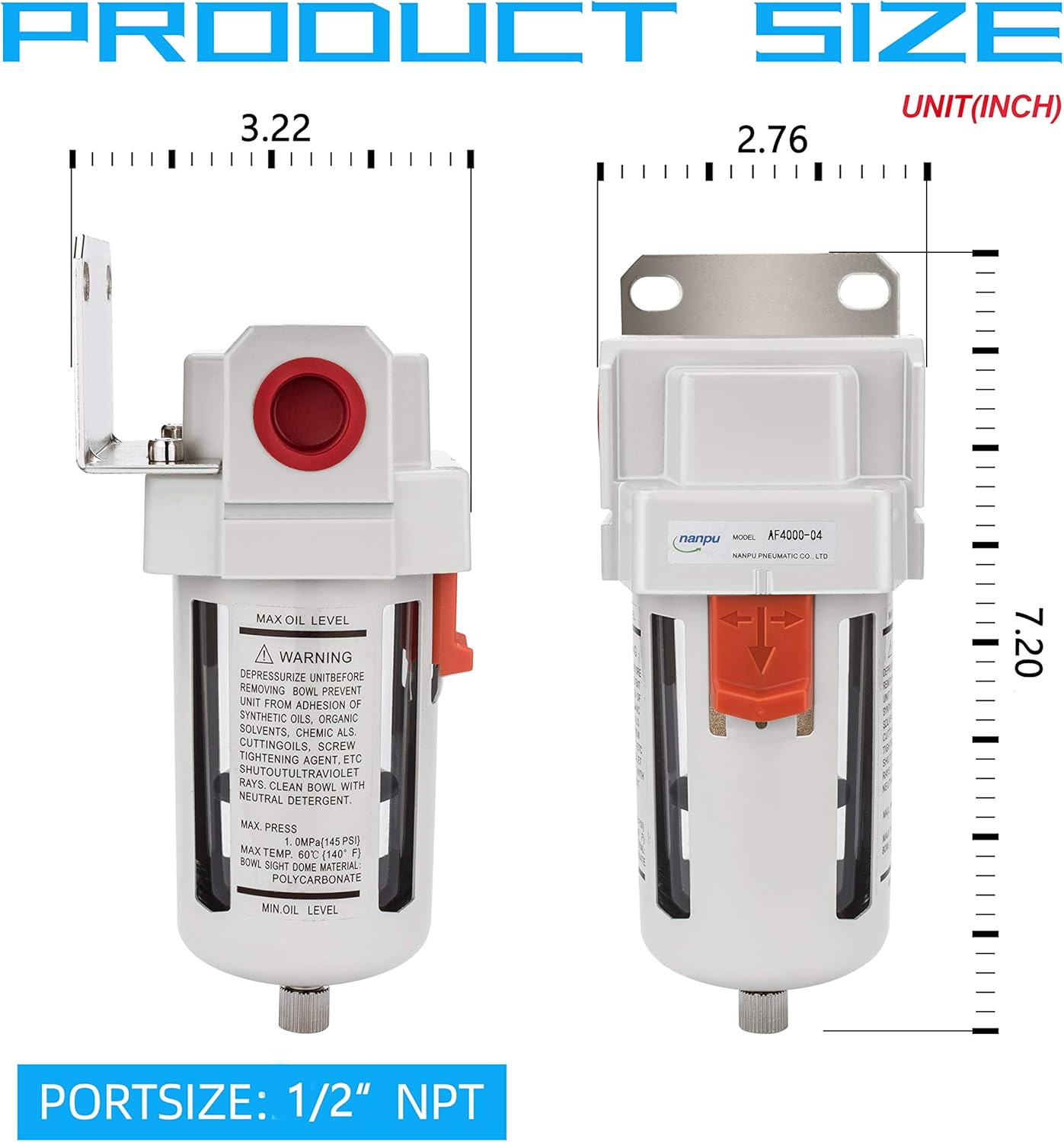 NANPU Filtro de línea de aire comprimido NPT de 12″, elemento de latón de 5 micrones, soporte, cuenco de polietileno, 145 psi