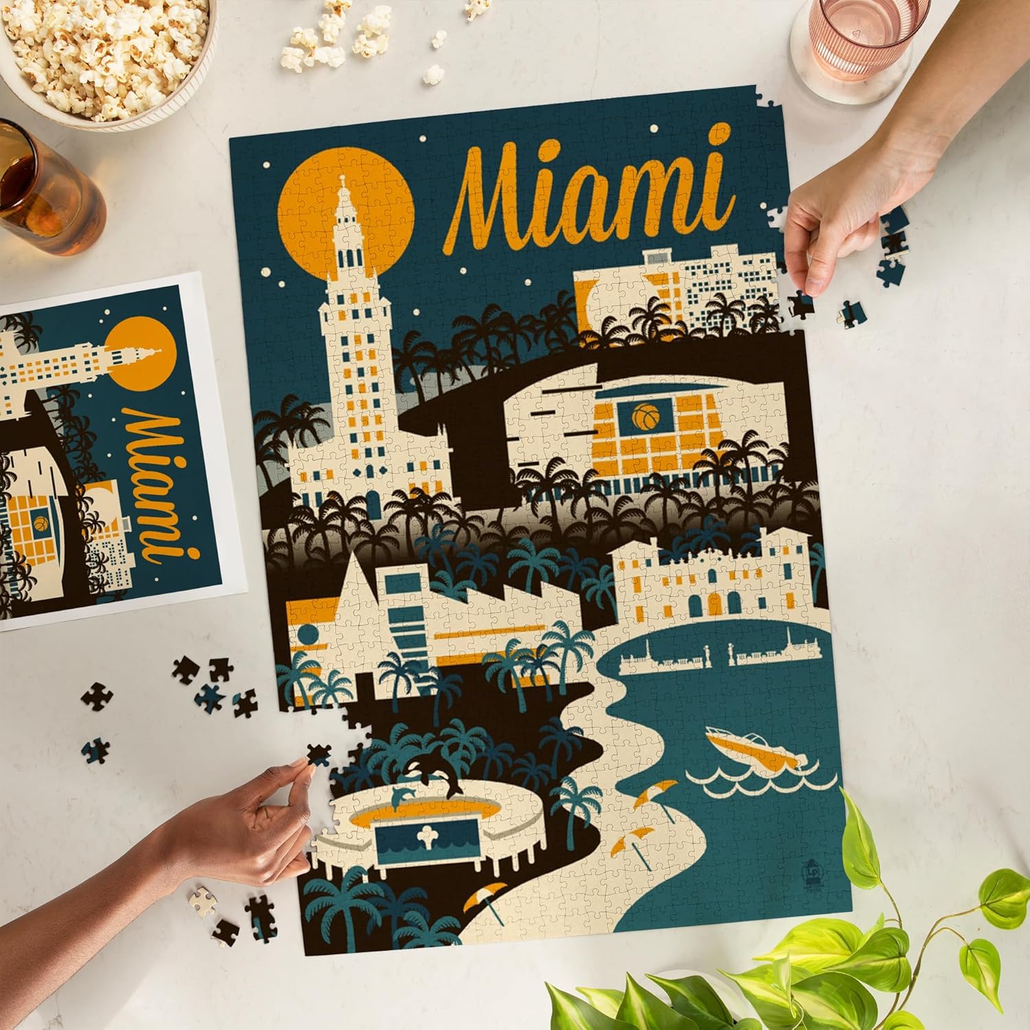 Miami, Florida, Retro Skyline (1000 Piece Puzzle, Challenging Jigsaw Puzzle for Adults, Made in USA)