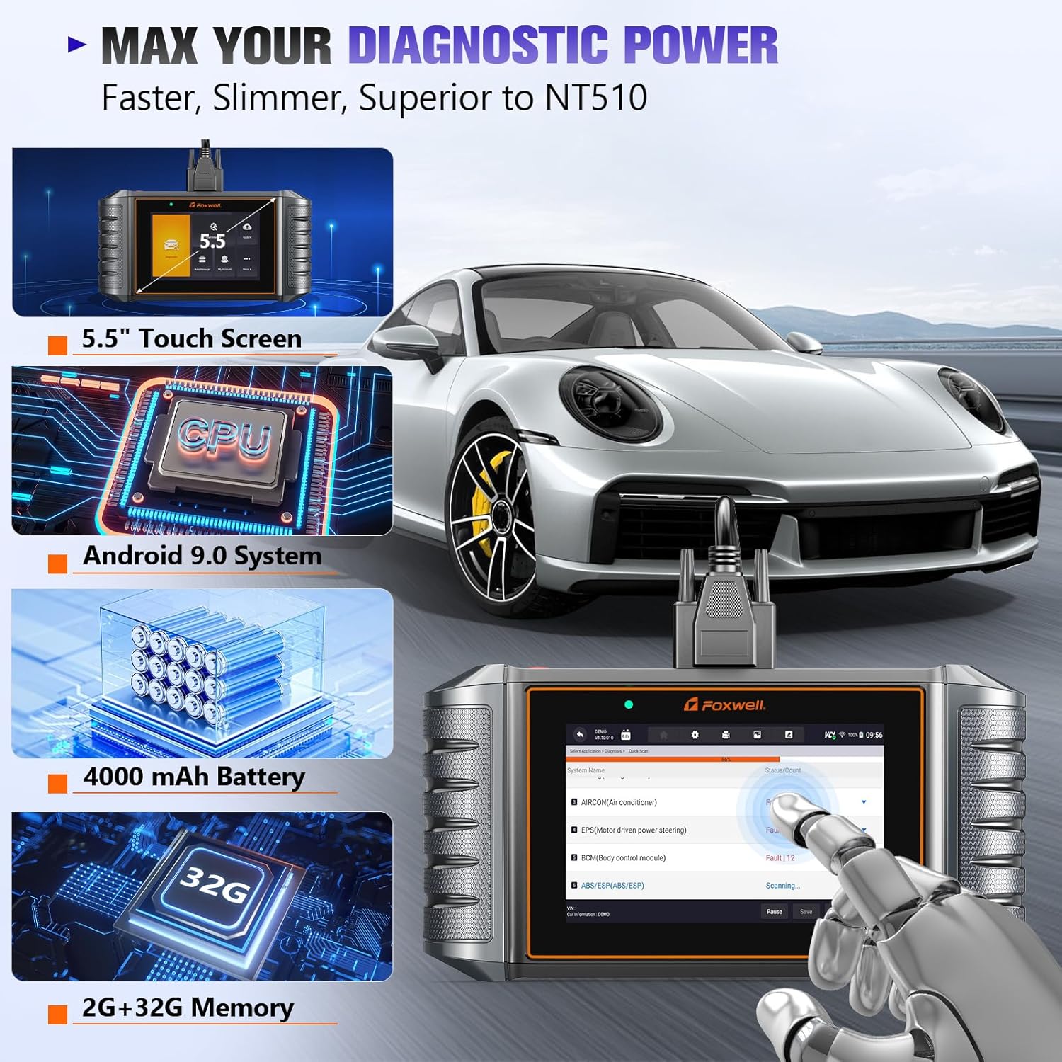 FOXWELL NT710 fit for Porsche Scan Tool Diagnostic Scanner, Upgraded NT510 Full System OBD2 Scanner Code Reader Bidirectional Control All
