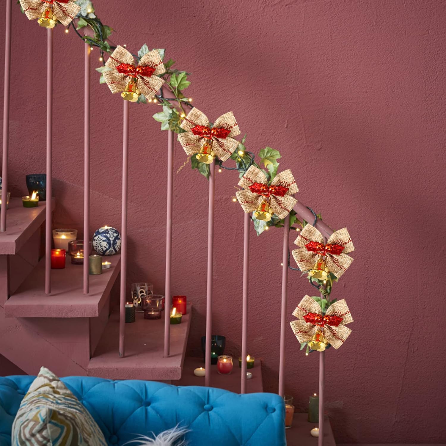 Adorno con forma de luz de pollo, 30 piezas de lazo de Navidad con mini cascabeles, lazos para árbol de Navidad, adornos de Navidad, bodas,