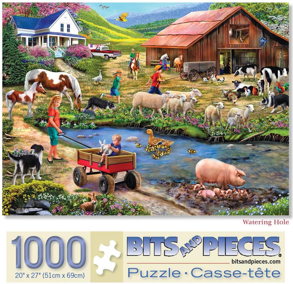Bits and Pieces Rompecabezas de 1000 piezas para adultos  Agujero de riego  Animales de granja, rompecabezas de granero por la artista Mary