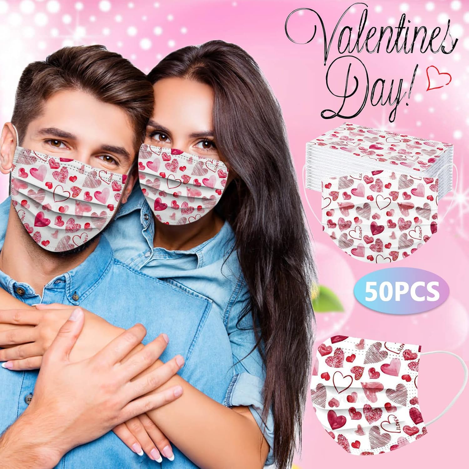 Paquete de 50 mascarillas desechables de San Valentín para adultos, con estampado de corazón, desechables, para adultos, vacaciones, parejas,