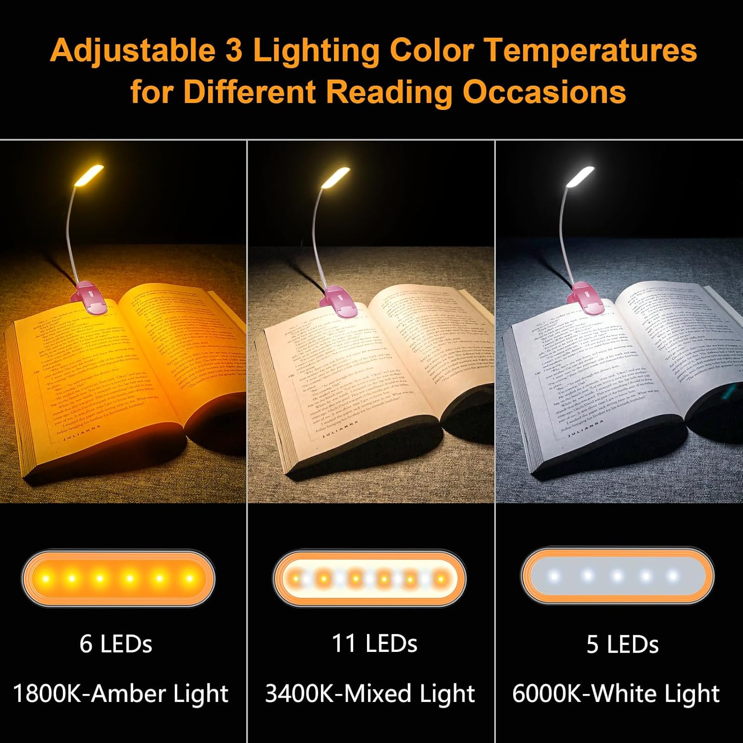 Gritin Luz de libro recargable, 11 luces LED de lectura con clip en el libro, 3 modos de protección ocular y atenuación continua, batería de larga