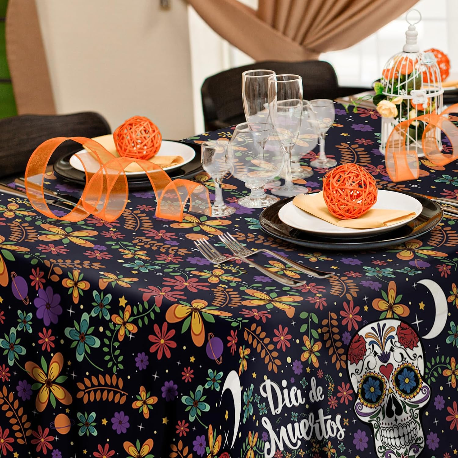 AnyDesign Mantel rectangular con diseño de calavera del Día de los Muertos, estilo mexicano, diseño de calavera de flores coloridas, mantel lavable