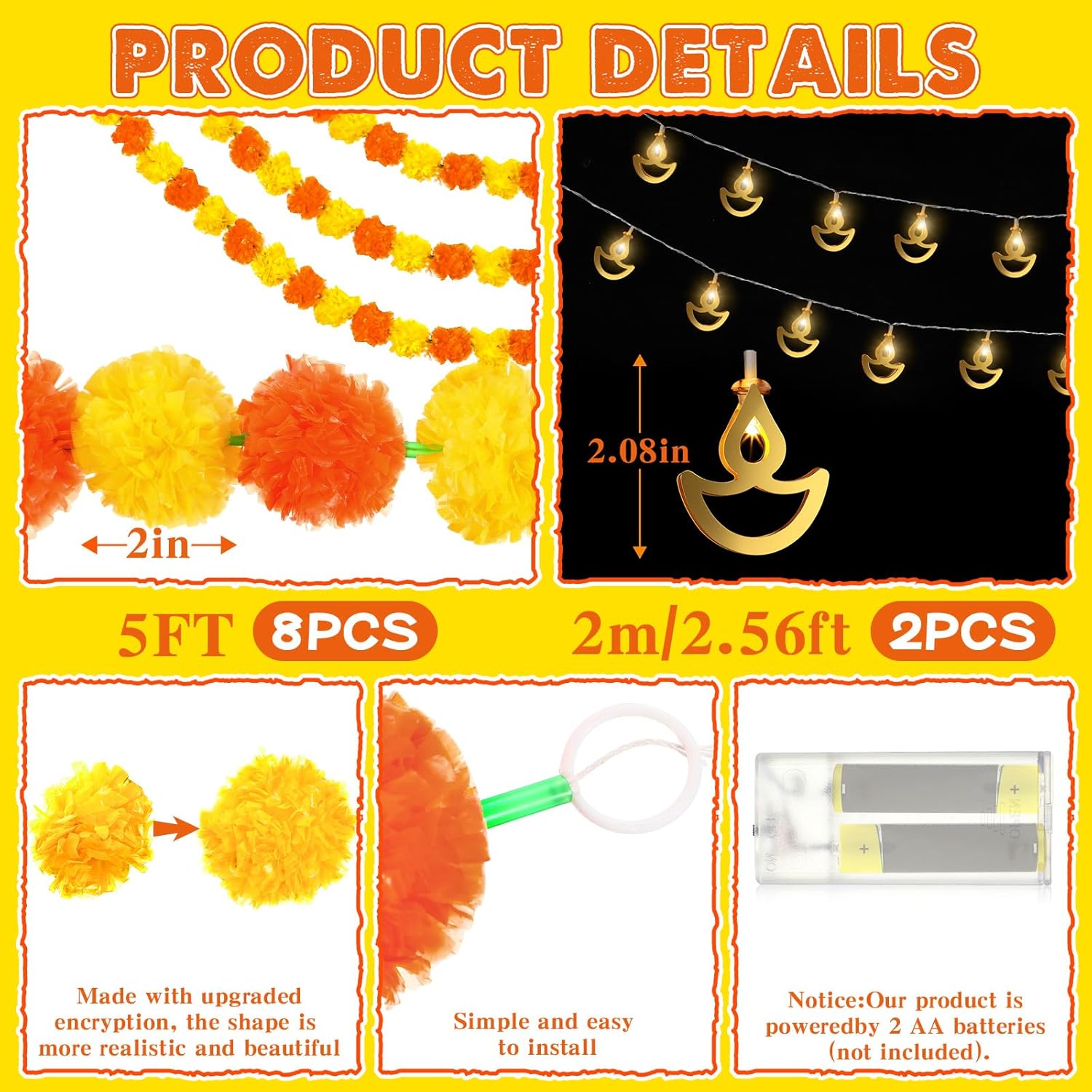 Yunsailing Diwali – Juego de 10 decoraciones para el Día de los Muertos, guirnalda de flores artificiales de caléndula de 5 pies y guirnalda de