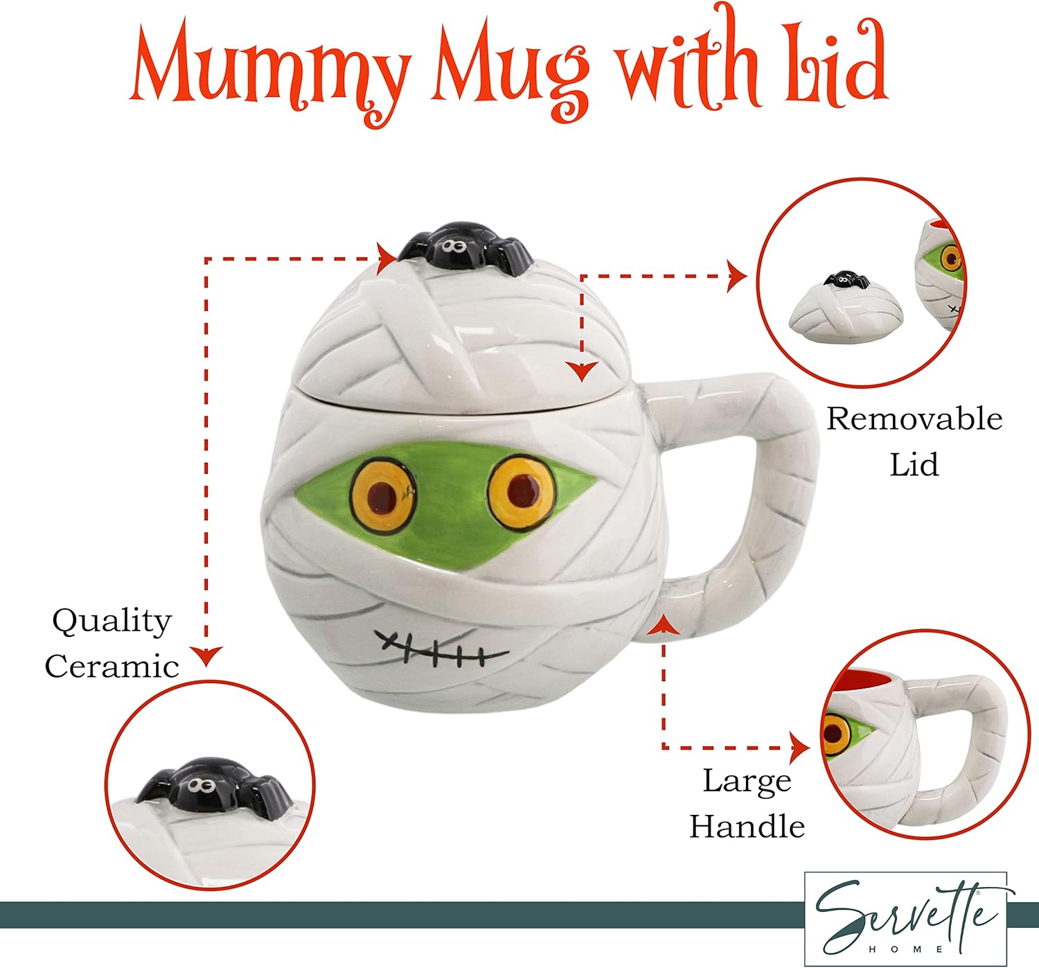 Servette Home Taza de sopa de cerámica de Halloween de 10 onzas con tapa (momia)