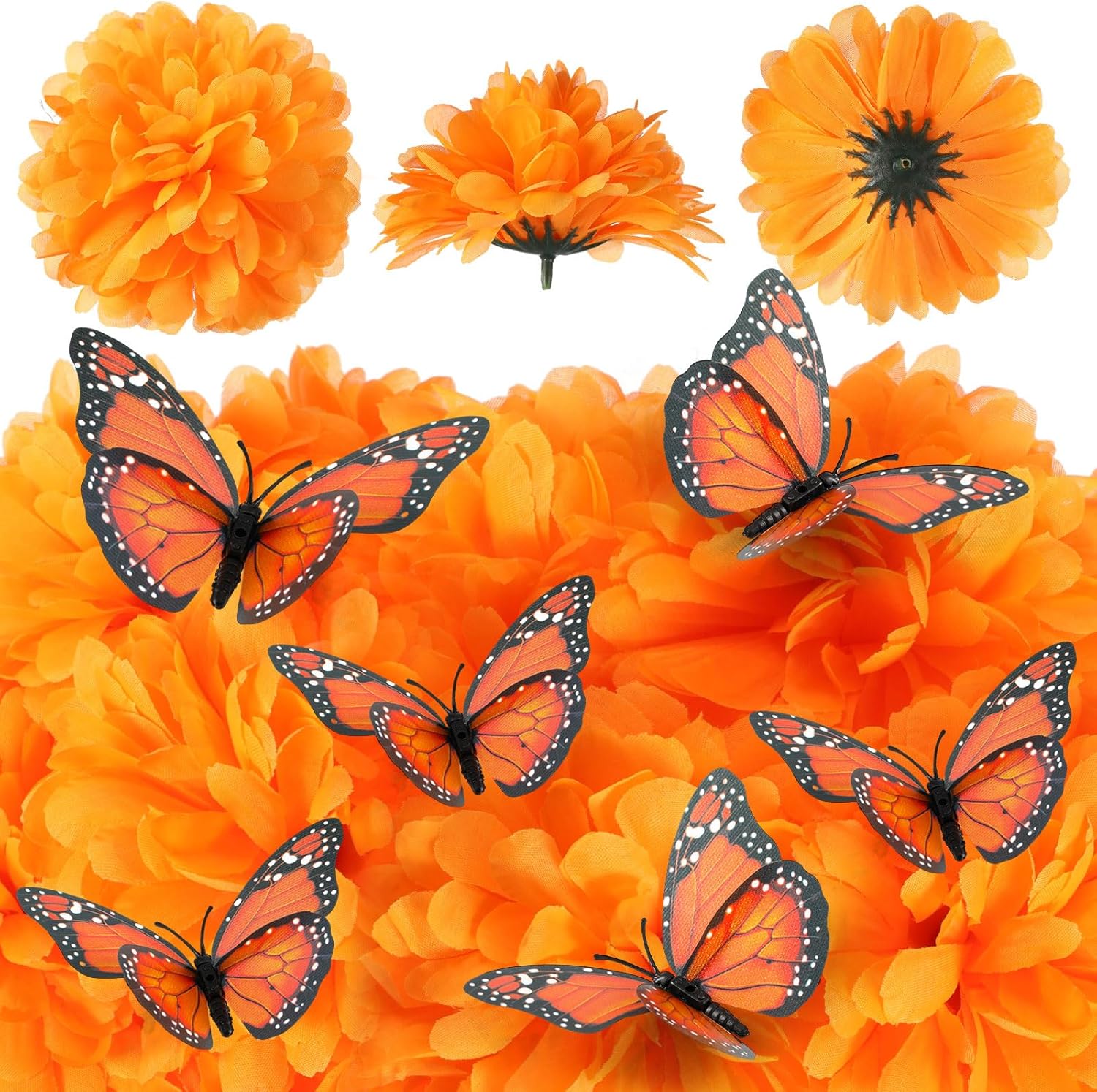 92 piezas de decoración de Día de los Muertos, 80 flores artificiales de caléndula con 12 mariposas monarca falsas y caléndulas naranjas para