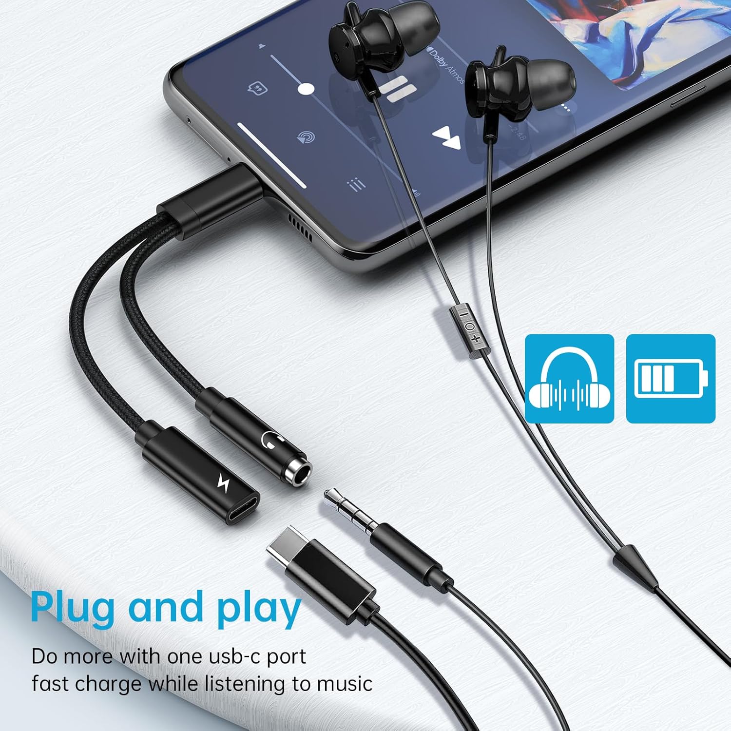 2 en 1 Samsung USB tipo C a 0.138 in adaptador de auriculares y cargador para Galaxy S23S22S21A34,60W PD USB C a audio auxiliar Jack Dongle Cable de